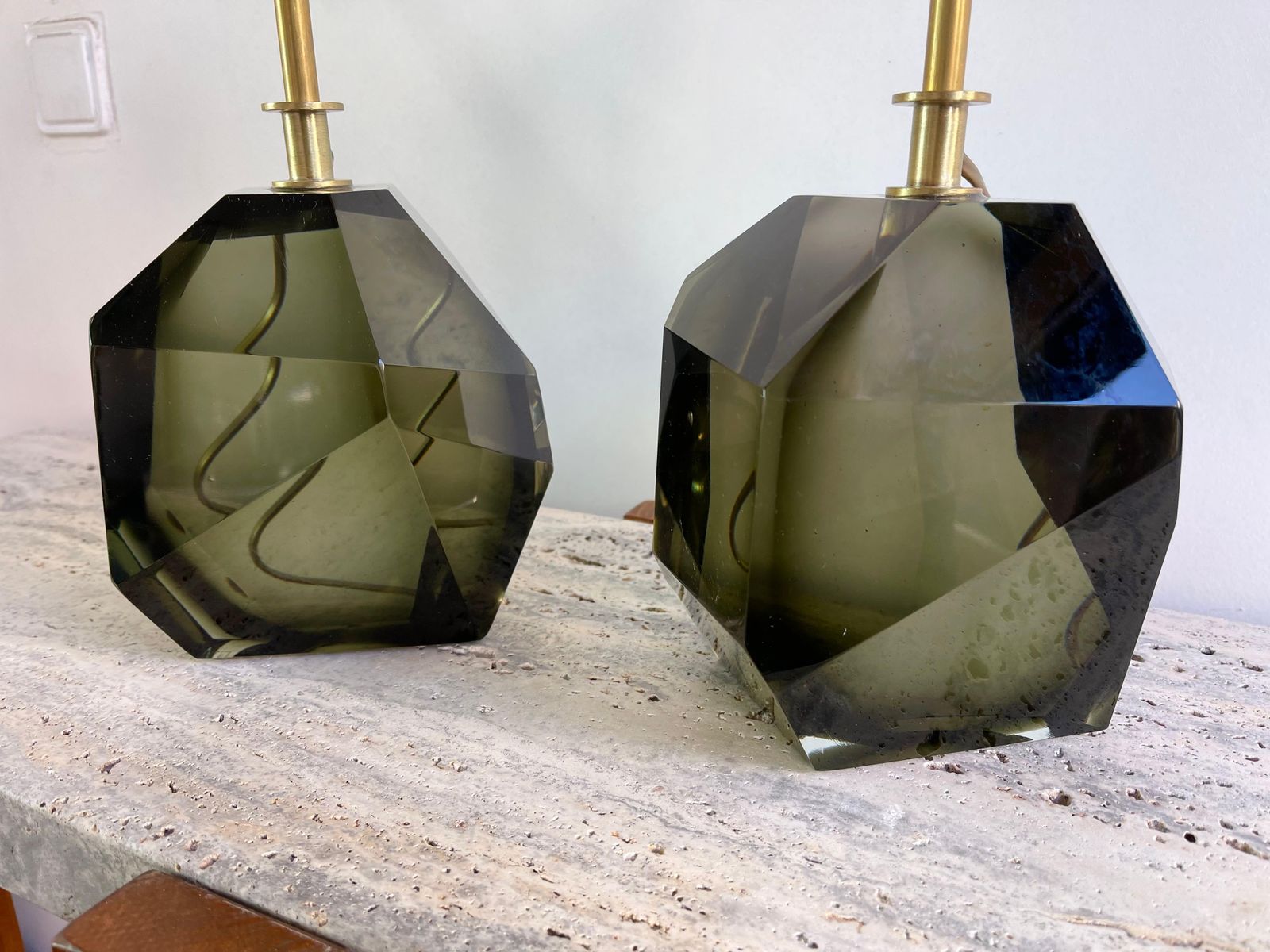 Contemporary Pair Of Stone Diamond Murano Glass And Brass Lamps, Italy photo vinterior