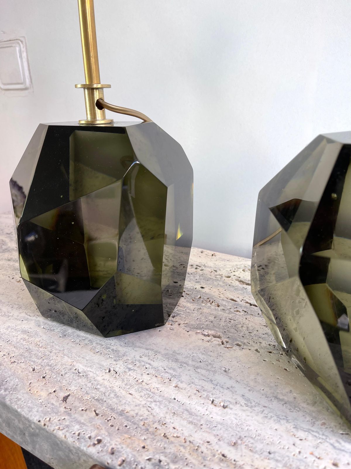 photo for sale Contemporary Pair Of Stone Diamond Murano Glass And Brass Lamps, Italy
