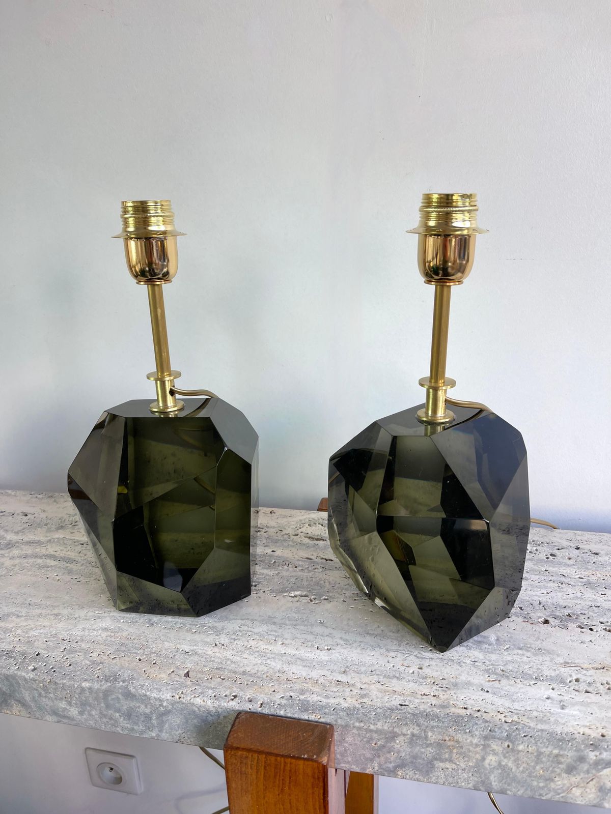 Lighting Contemporary Pair Of Stone Diamond Murano Glass And Brass Lamps, Italy photo