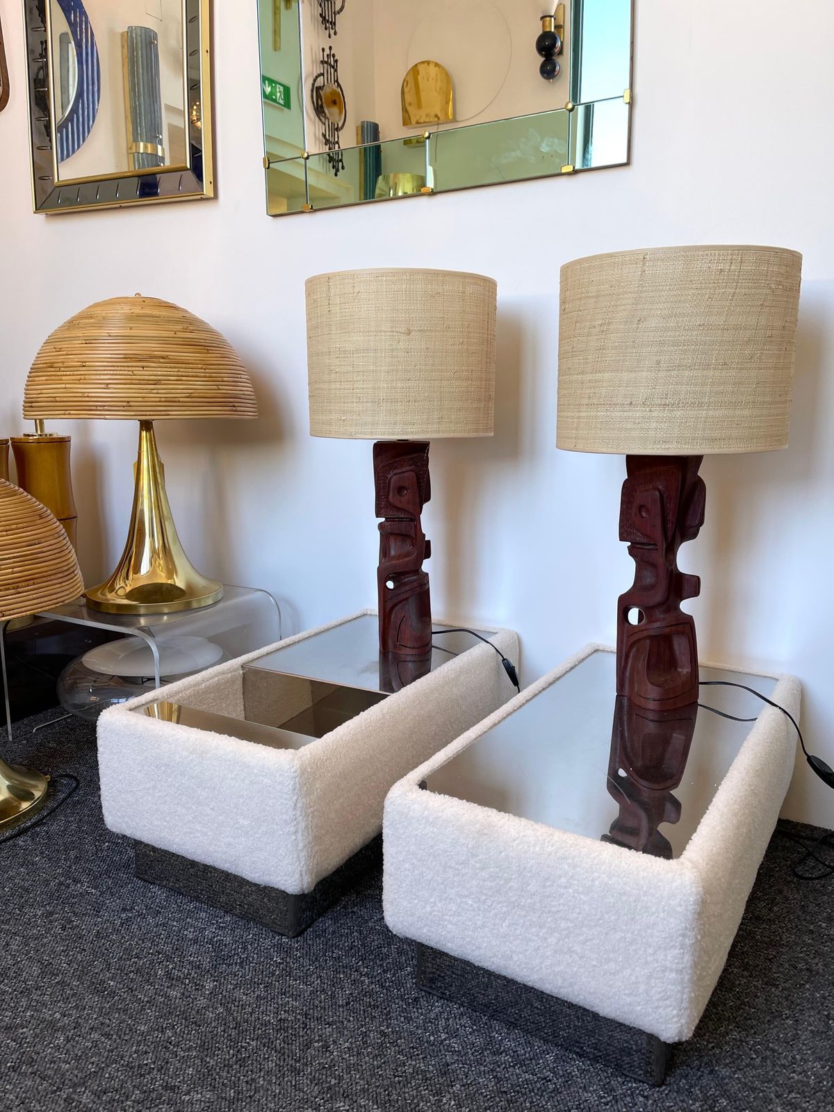 Pair Of Wood Sculpture Lamps By Gianni Pinna. Italy, 1970s photo Lighting