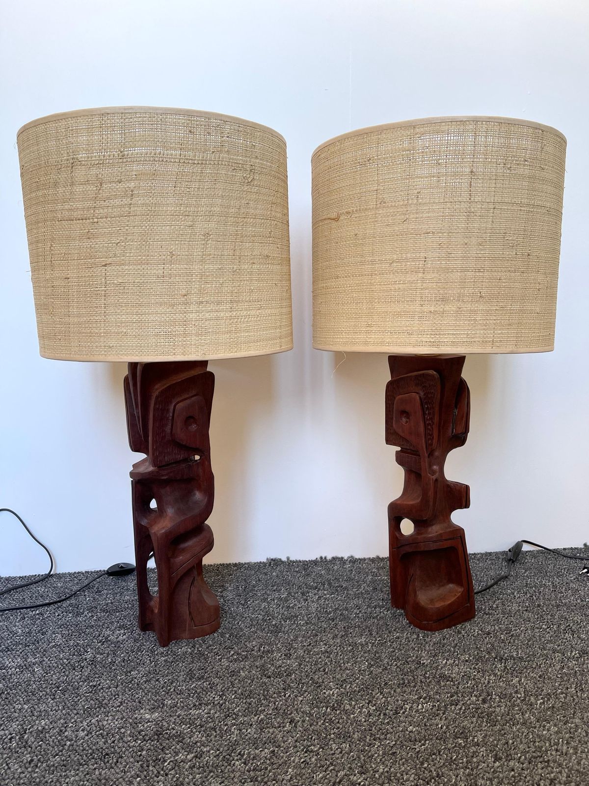 Lighting Pair Of Wood Sculpture Lamps By Gianni Pinna. Italy, 1970s photo