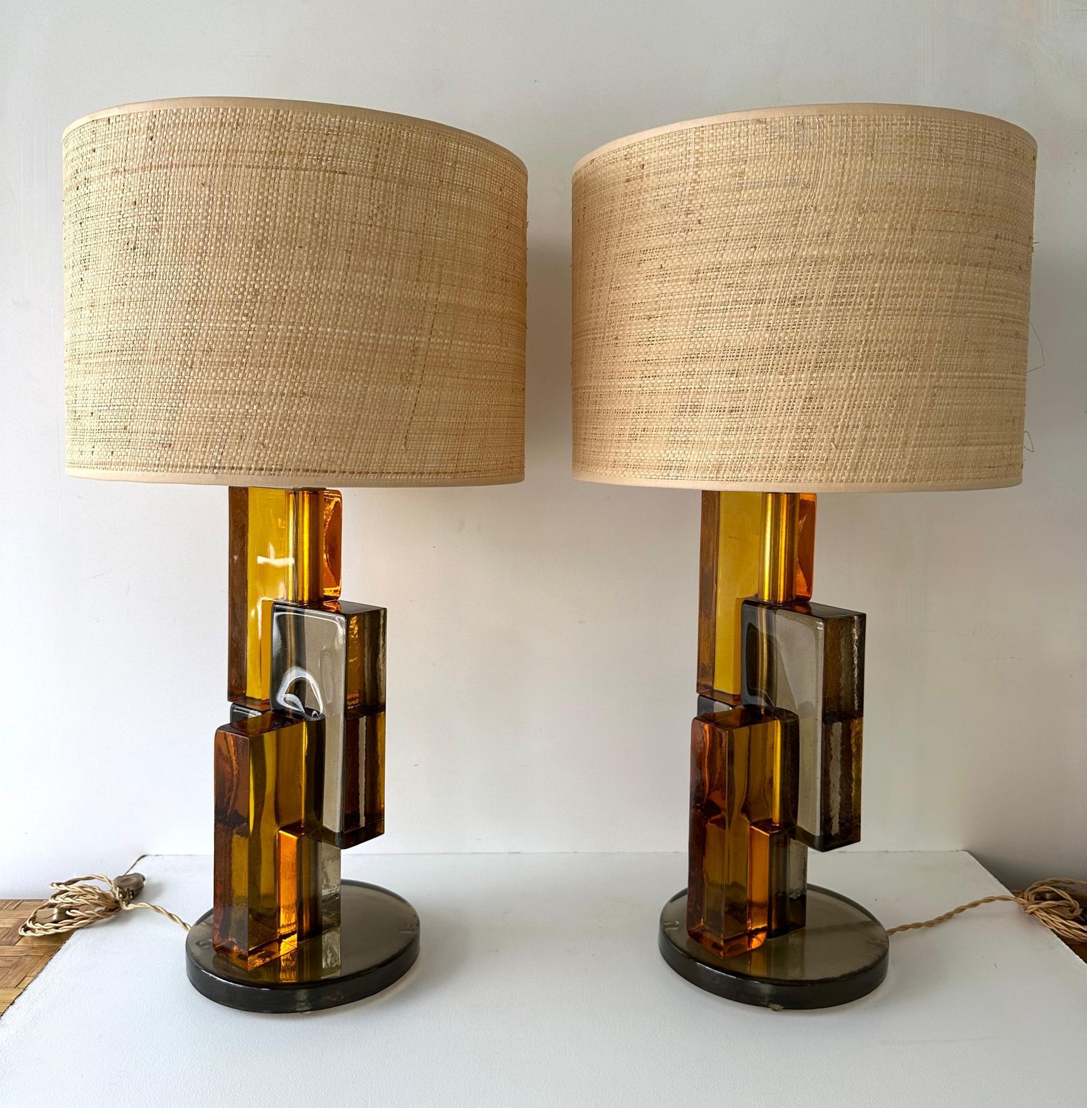 Contemporary Pair Of Lamps Amber Smoke Cubic Murano Glass And Brass, Italy photo furniture