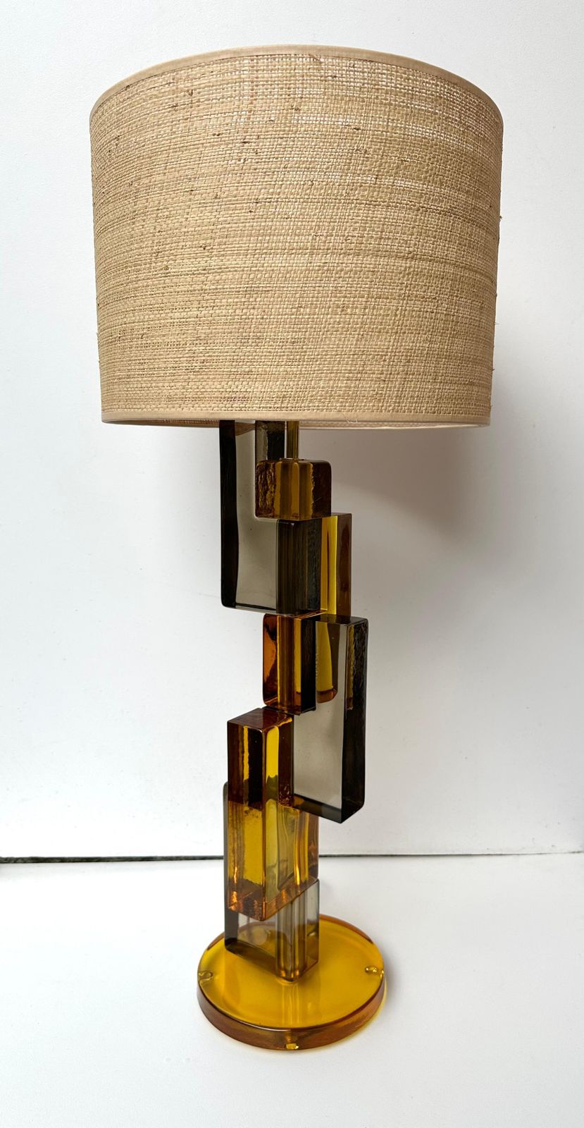 Contemporary Pair Of Lamps Amber Smoke Cubic Murano Glass And Brass, Italy photo for sale