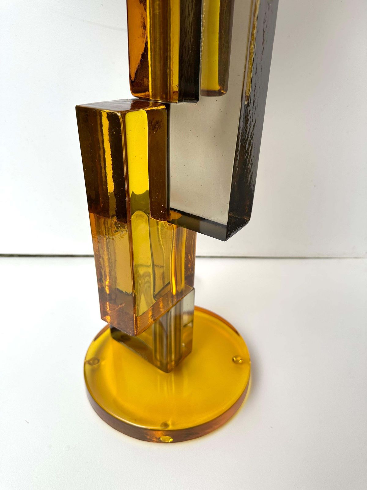 Contemporary Pair Of Lamps Amber Smoke Cubic Murano Glass And Brass, Italy photo vinterior