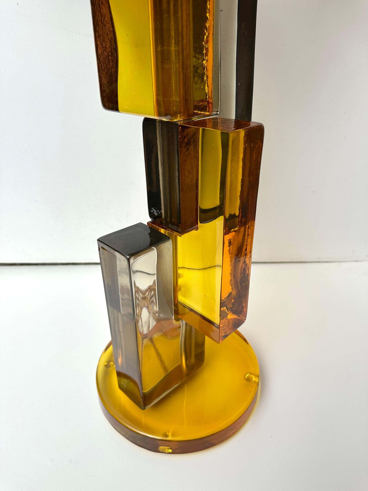 Contemporary Pair Of Lamps Amber Smoke Cubic Murano Glass And Brass, Italy photo vintage