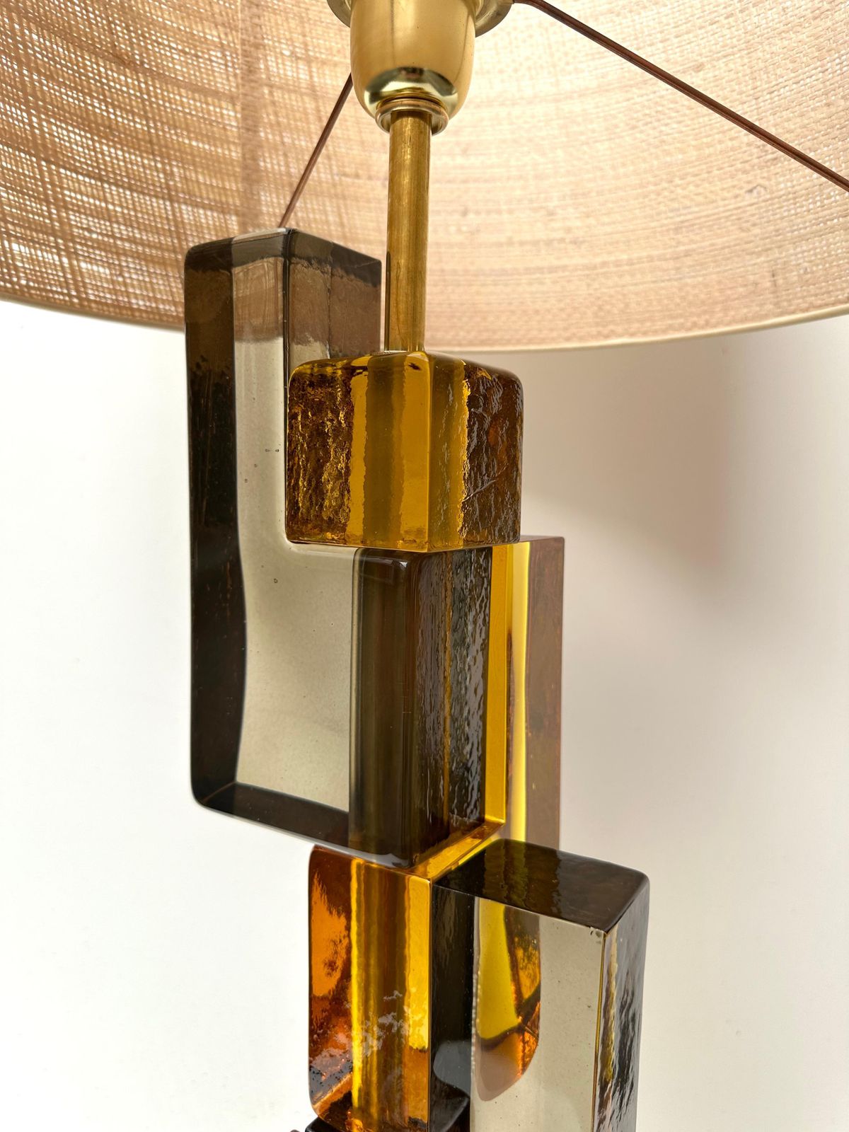 3592.0 Contemporary Pair Of Lamps Amber Smoke Cubic Murano Glass And Brass, Italy photo