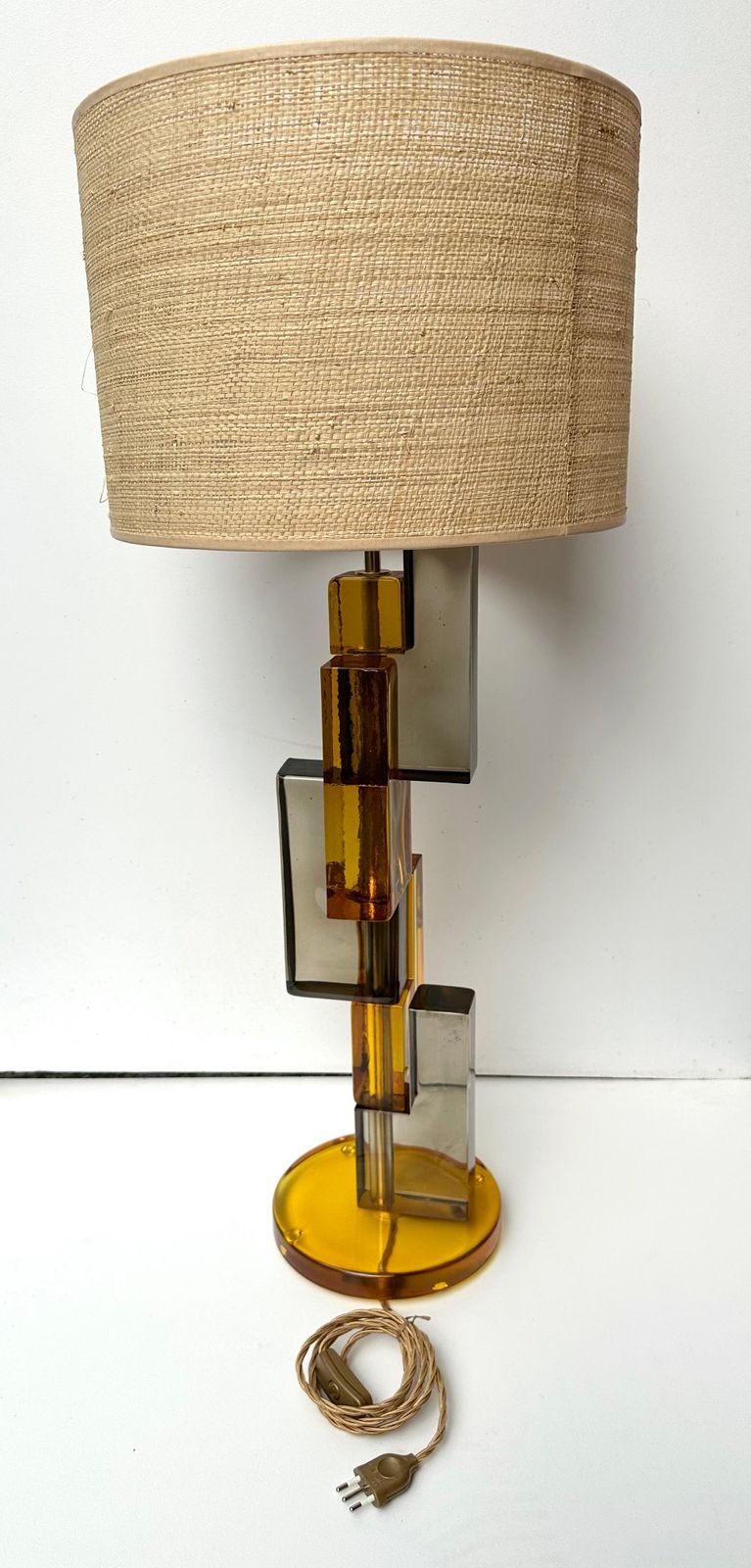 photo vinterior Contemporary Pair Of Lamps Amber Smoke Cubic Murano Glass And Brass, Italy