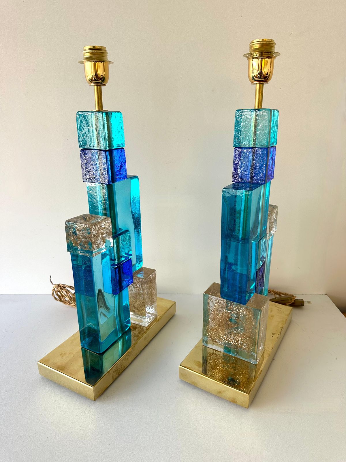 Contemporary Pair Of Lamps Blue Gold Powder Cubic Murano Glass And Brass, Italy photo buy