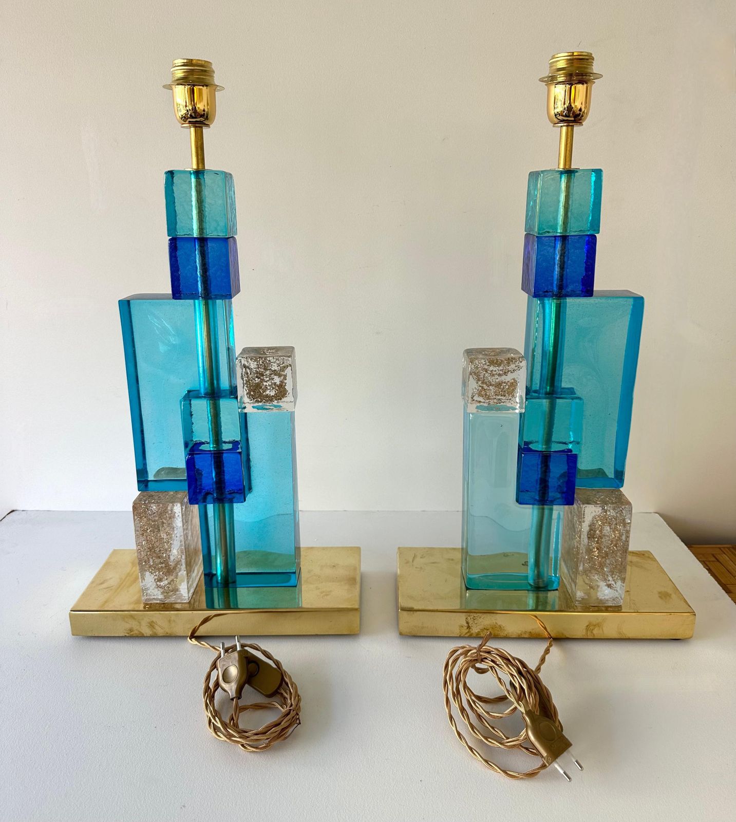 Contemporary Pair Of Lamps Blue Gold Powder Cubic Murano Glass And Brass, Italy photo vintage