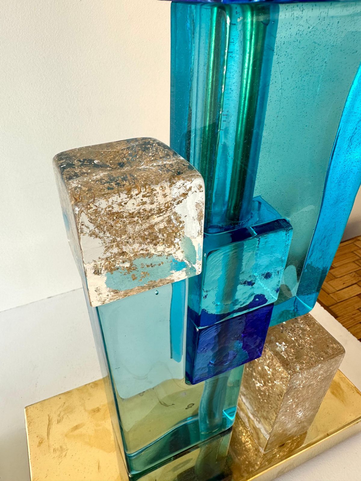 Lighting Contemporary Pair Of Lamps Blue Gold Powder Cubic Murano Glass And Brass, Italy photo