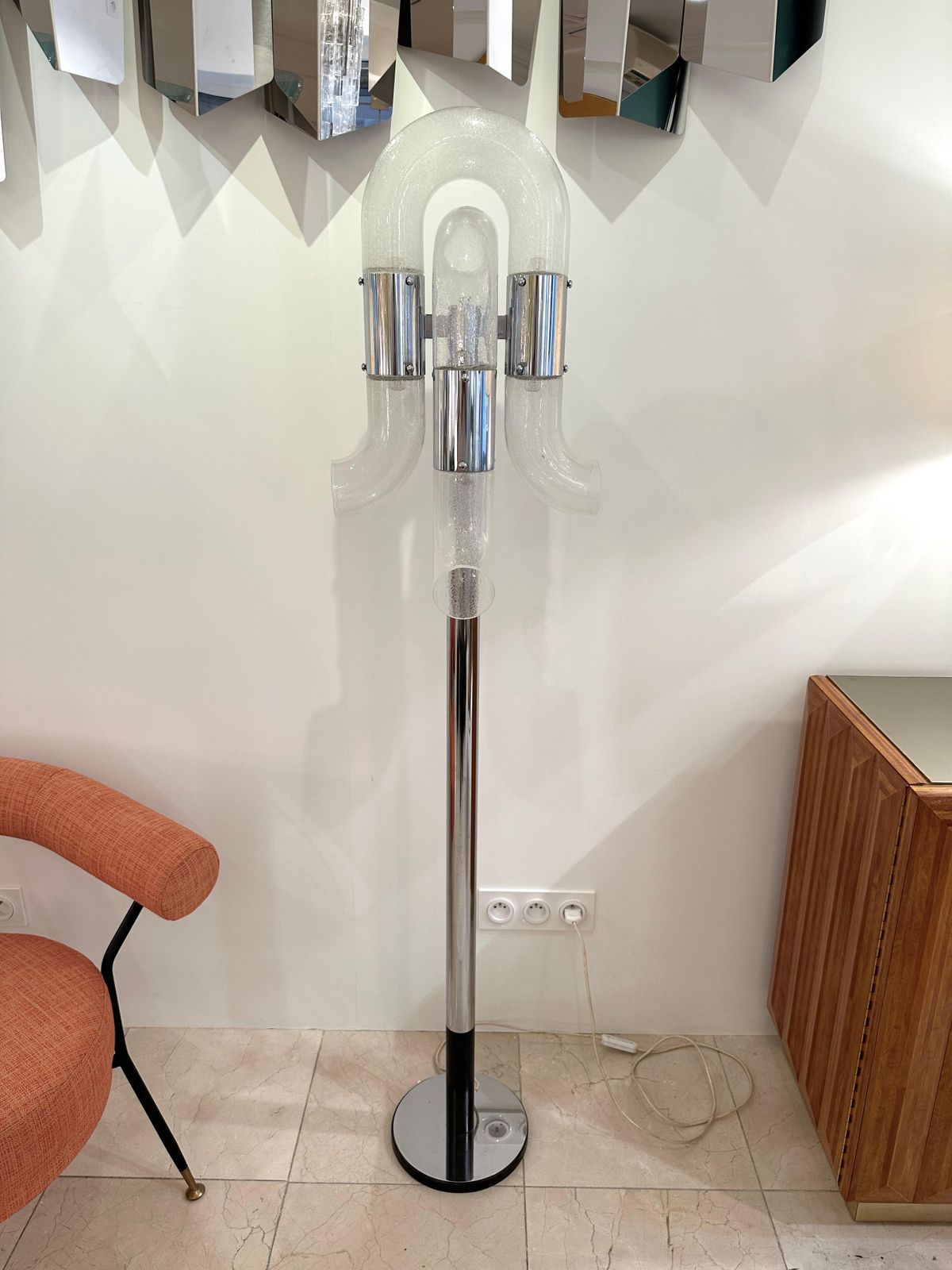photo for sale Floor Lamp Metal Chrome Murano Glass By Aldo Nason For Mazzega, Italy, 1970s