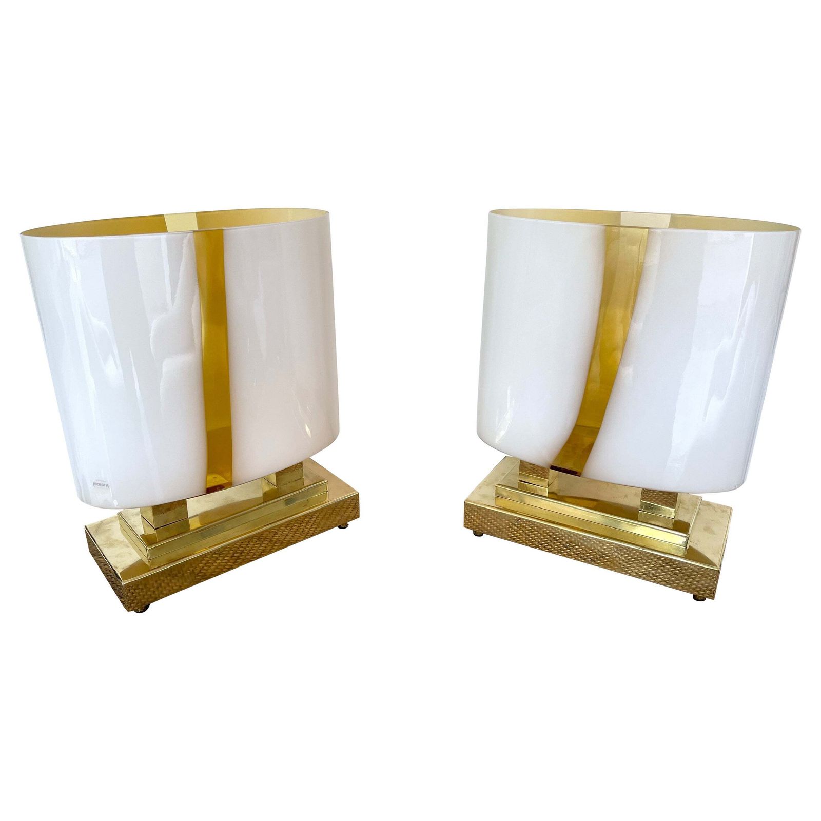 Contemporary Pair Of Brass And Yellow Murano Glass Vase Flame Lamps, Italy
