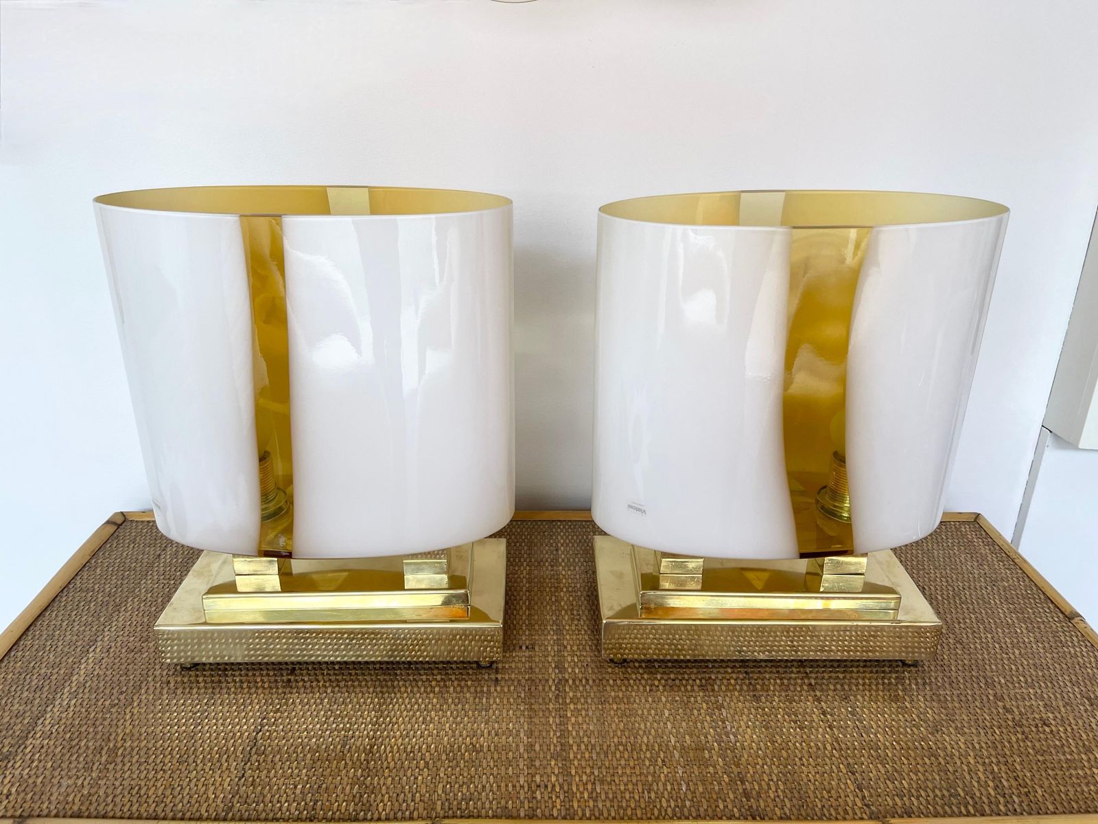 Contemporary Pair Of Brass And Yellow Murano Glass Vase Flame Lamps, Italy photo furniture