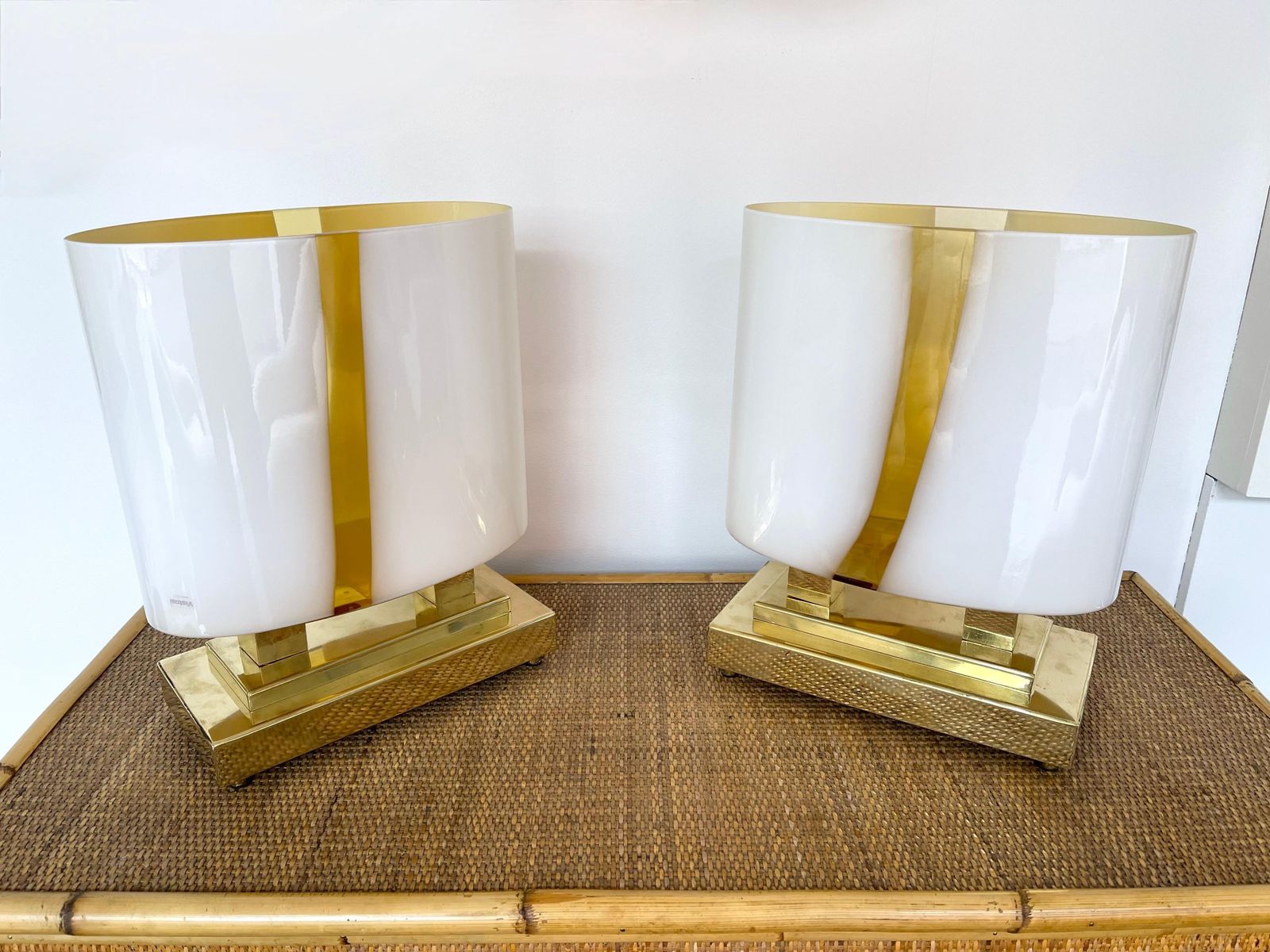 Lighting Contemporary Pair Of Brass And Yellow Murano Glass Vase Flame Lamps, Italy photo