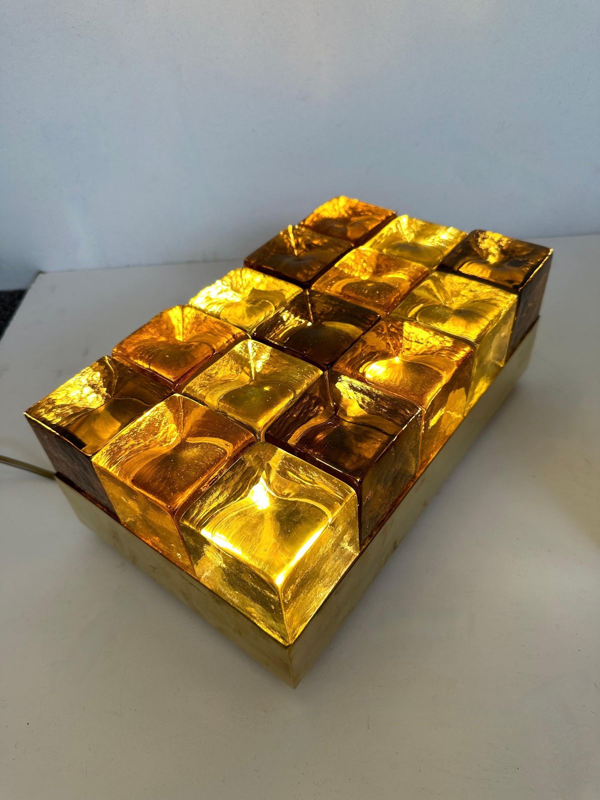 photo furniture Contemporary Pair Of Brass And Murano Glass Cube Marquetry Lamps, Italy