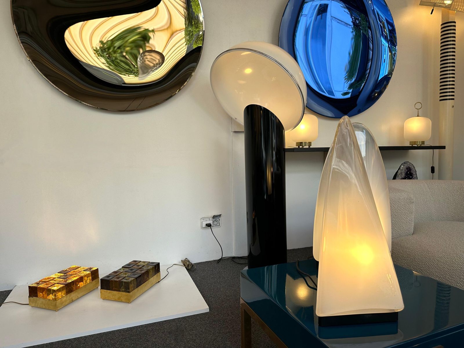 Lighting Contemporary Pair Of Brass And Murano Glass Cube Marquetry Lamps, Italy photo