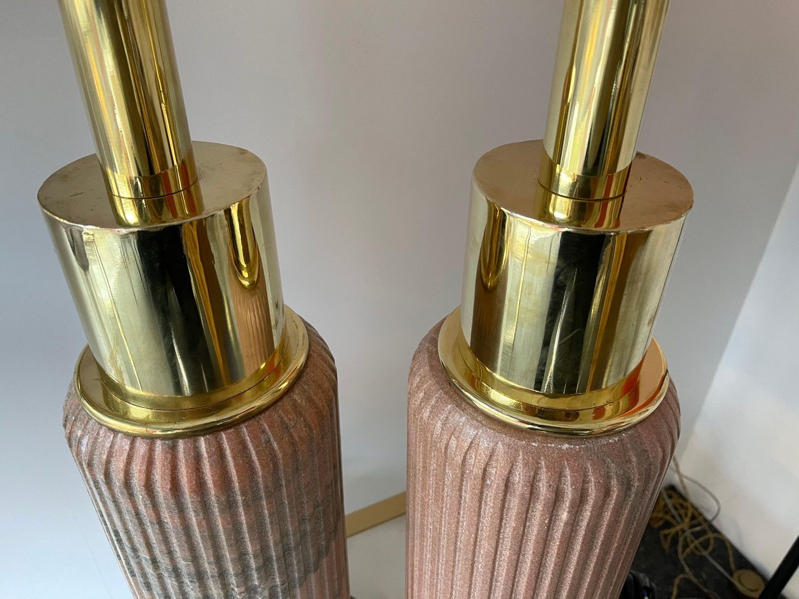 Contemporary Pair Of Brass Lamps Pink Granite Stone, Italy photo buy