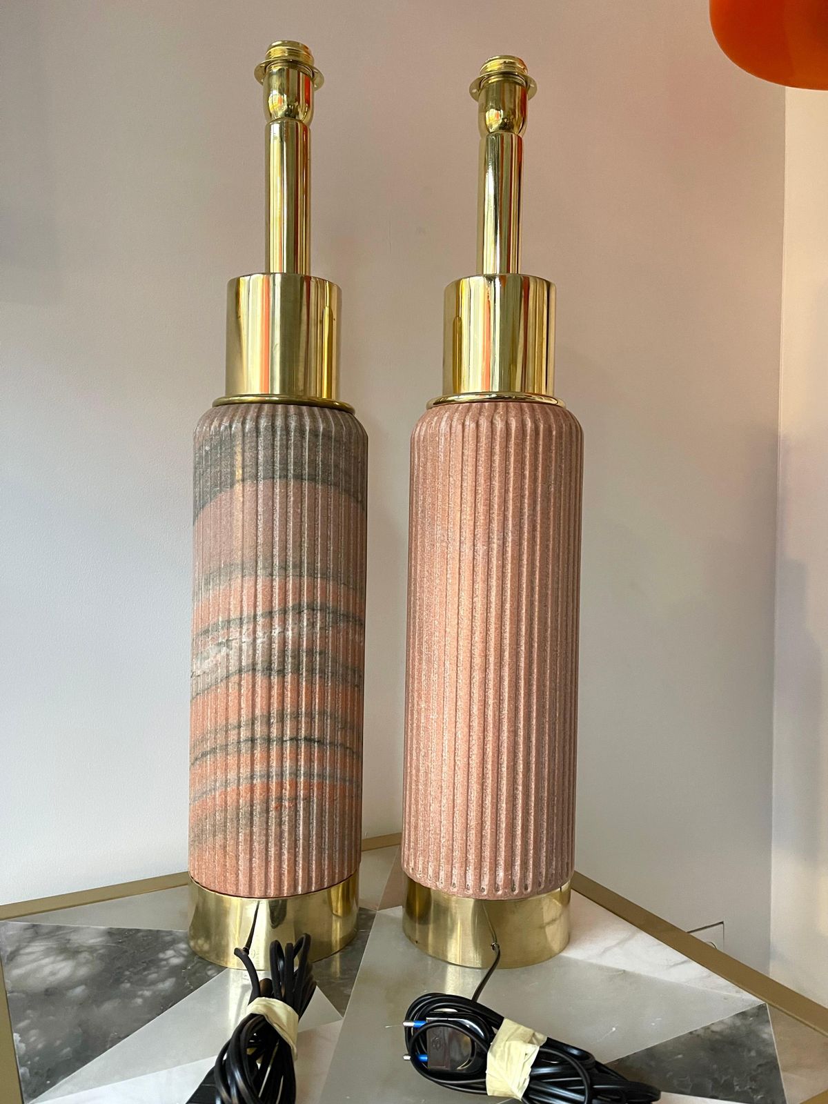 Contemporary Pair Of Brass Lamps Pink Granite Stone, Italy photo vintage