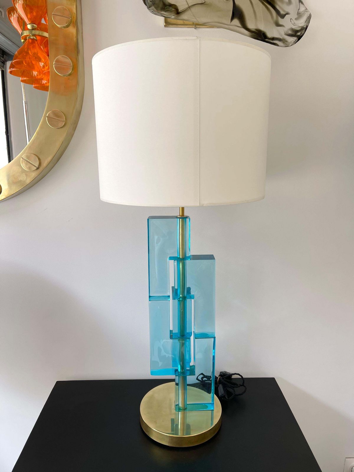 Contemporary Pair Of Lamps Blue Lagoon Cubic Murano Glass And Brass, Italy photo furniture