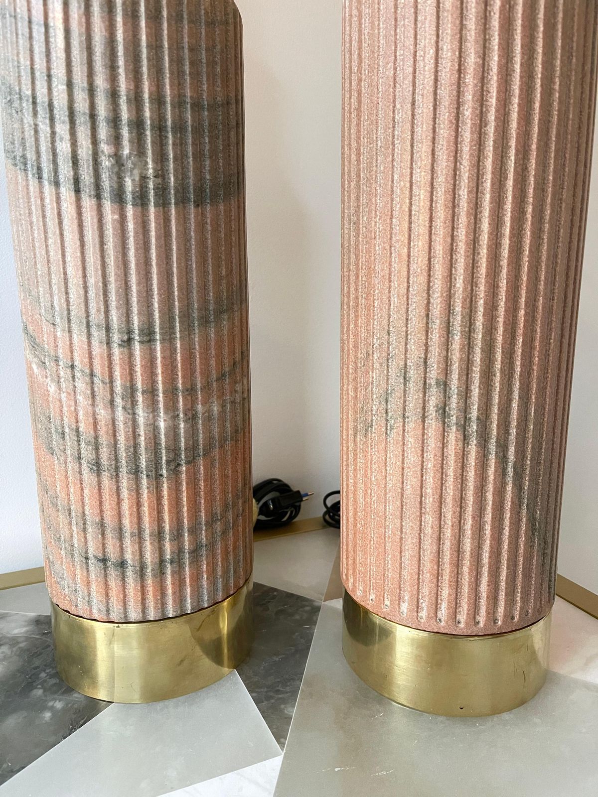 photo for sale Contemporary Pair Of Brass Lamps Pink Granite Stone, Italy