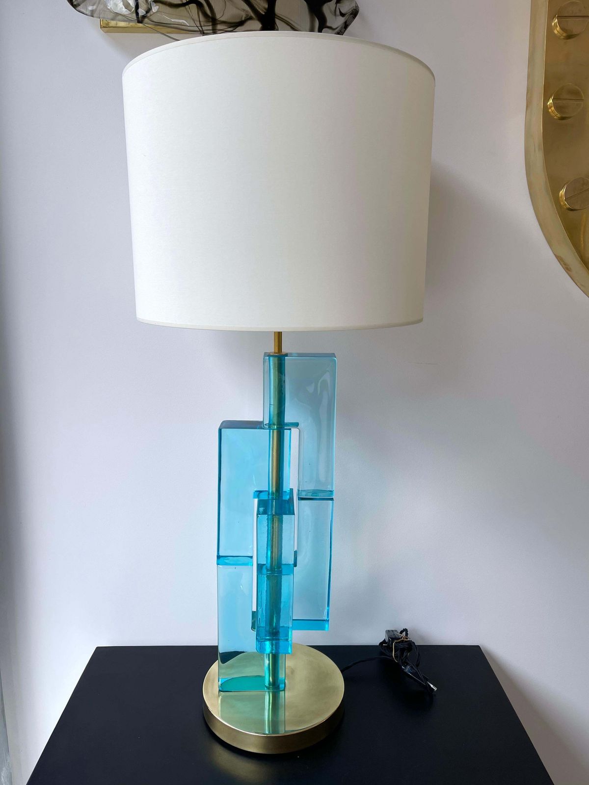 Contemporary Pair Of Lamps Blue Lagoon Cubic Murano Glass And Brass, Italy photo 3592.0