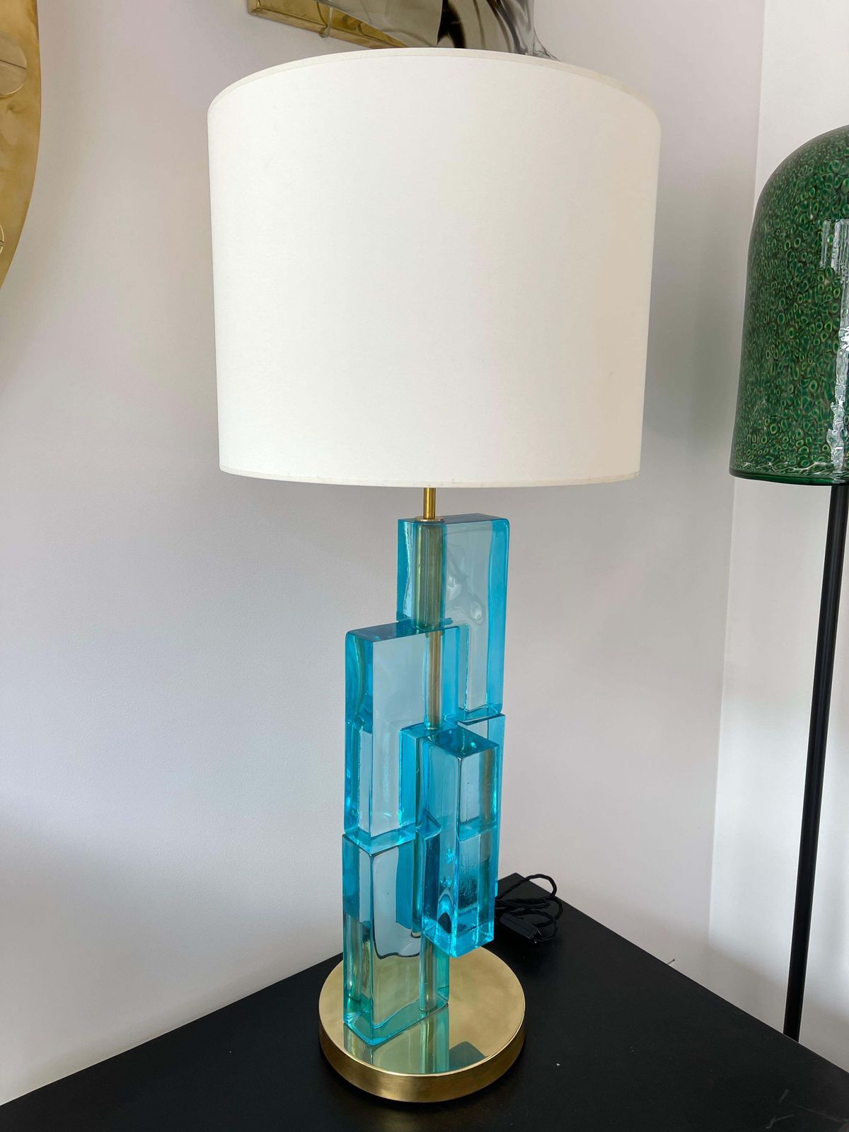 Contemporary Pair Of Lamps Blue Lagoon Cubic Murano Glass And Brass, Italy photo vinterior