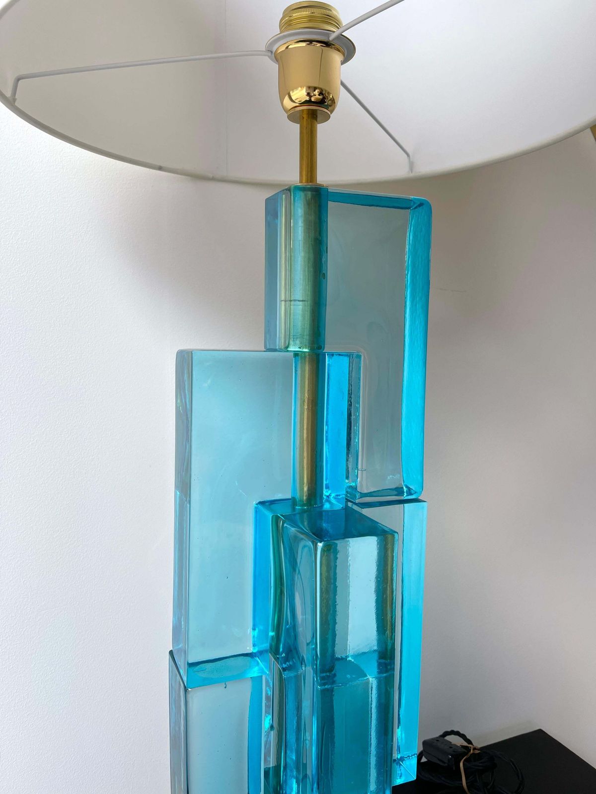 photo furniture Contemporary Pair Of Lamps Blue Lagoon Cubic Murano Glass And Brass, Italy