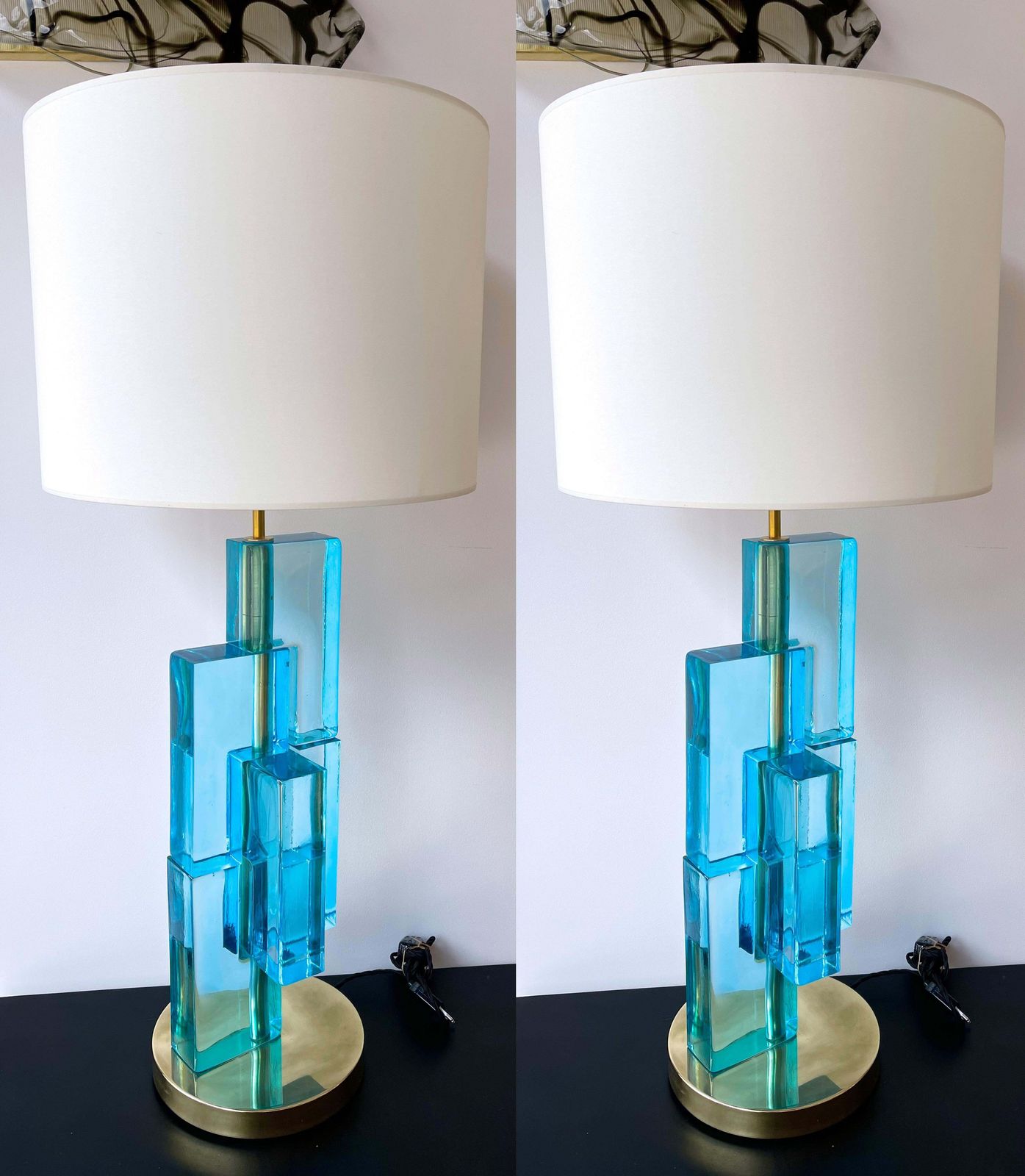 photo vinterior Contemporary Pair Of Lamps Blue Lagoon Cubic Murano Glass And Brass, Italy