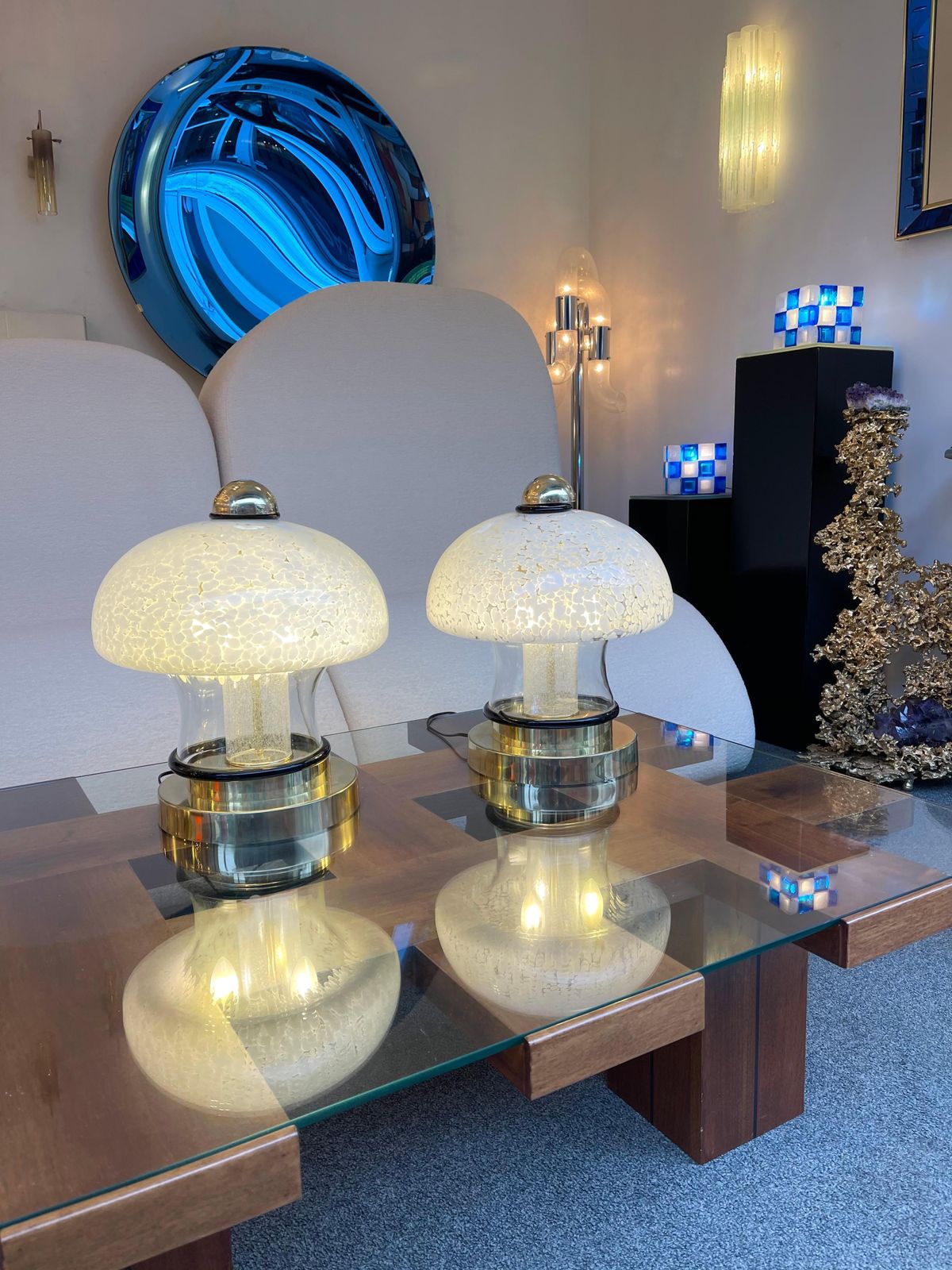 photo vinterior Contemporary Pair Of Murano Glass And Brass Mushroom Lamps. Italy