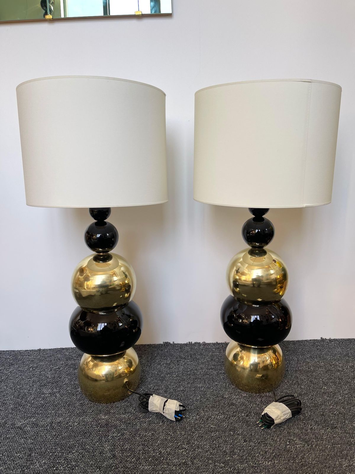 photo for sale Contemporary Pair Of Brass Murano Glass Atomo Lamps, Italy