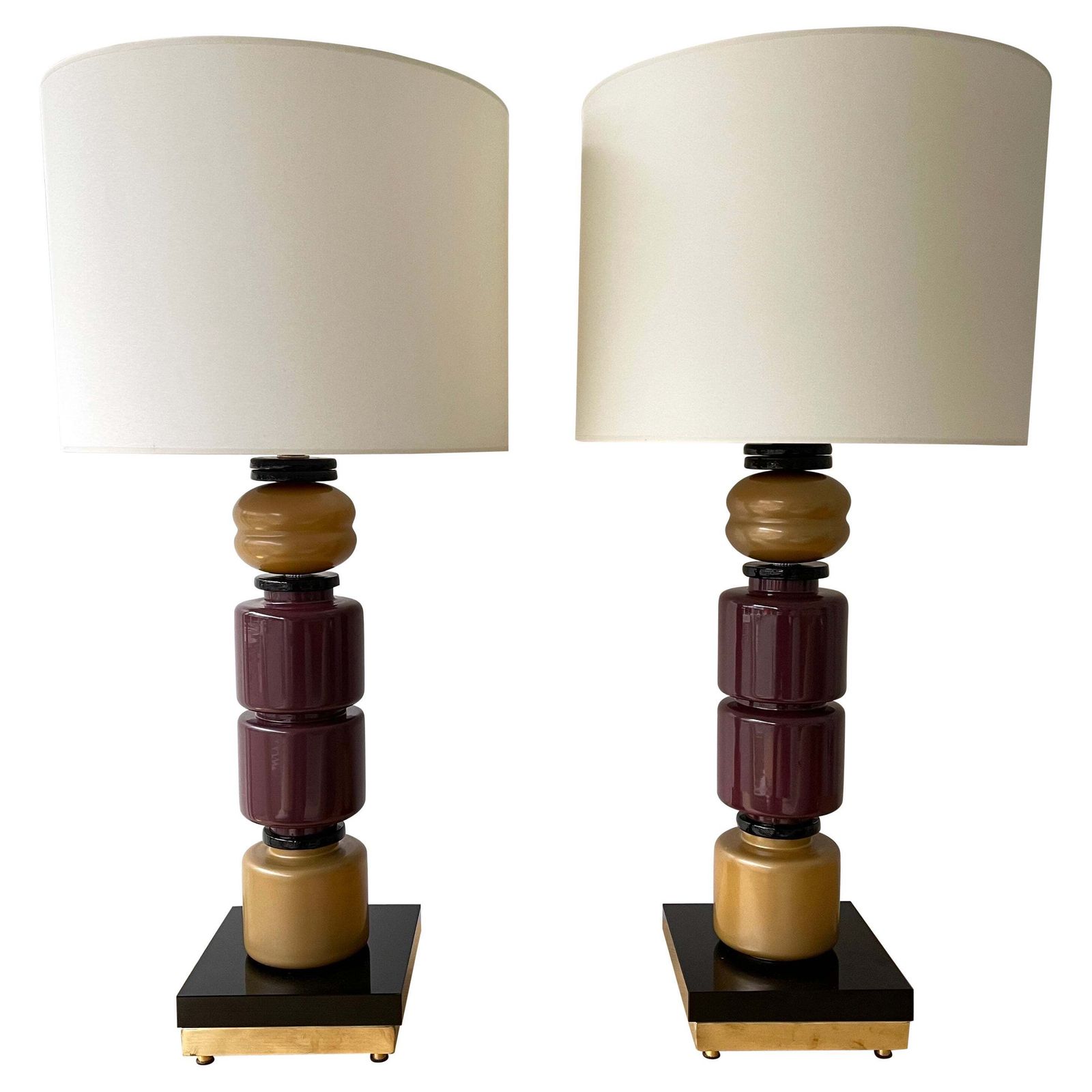 Contemporary Pair Of Brass Murano Glass Totem Lamps, Italy