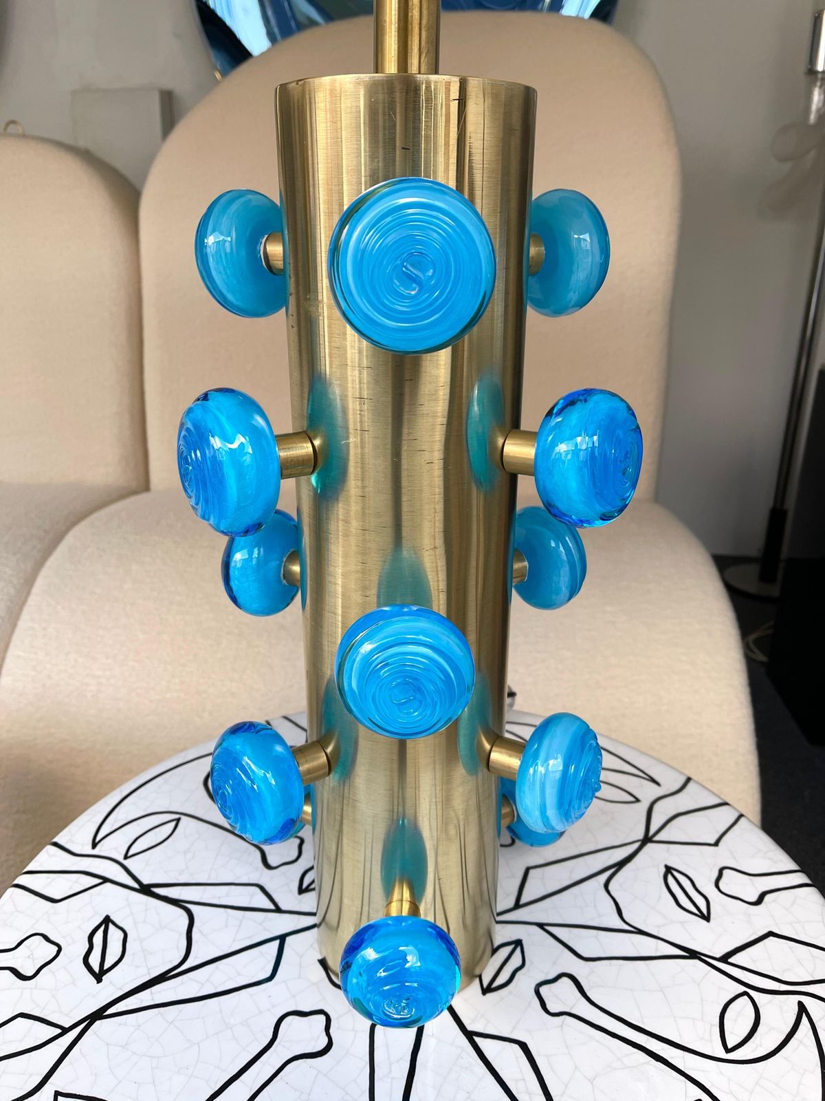Contemporary Pair Of Brass And Blue Murano Glass Spiral Lamps, Italy photo for sale
