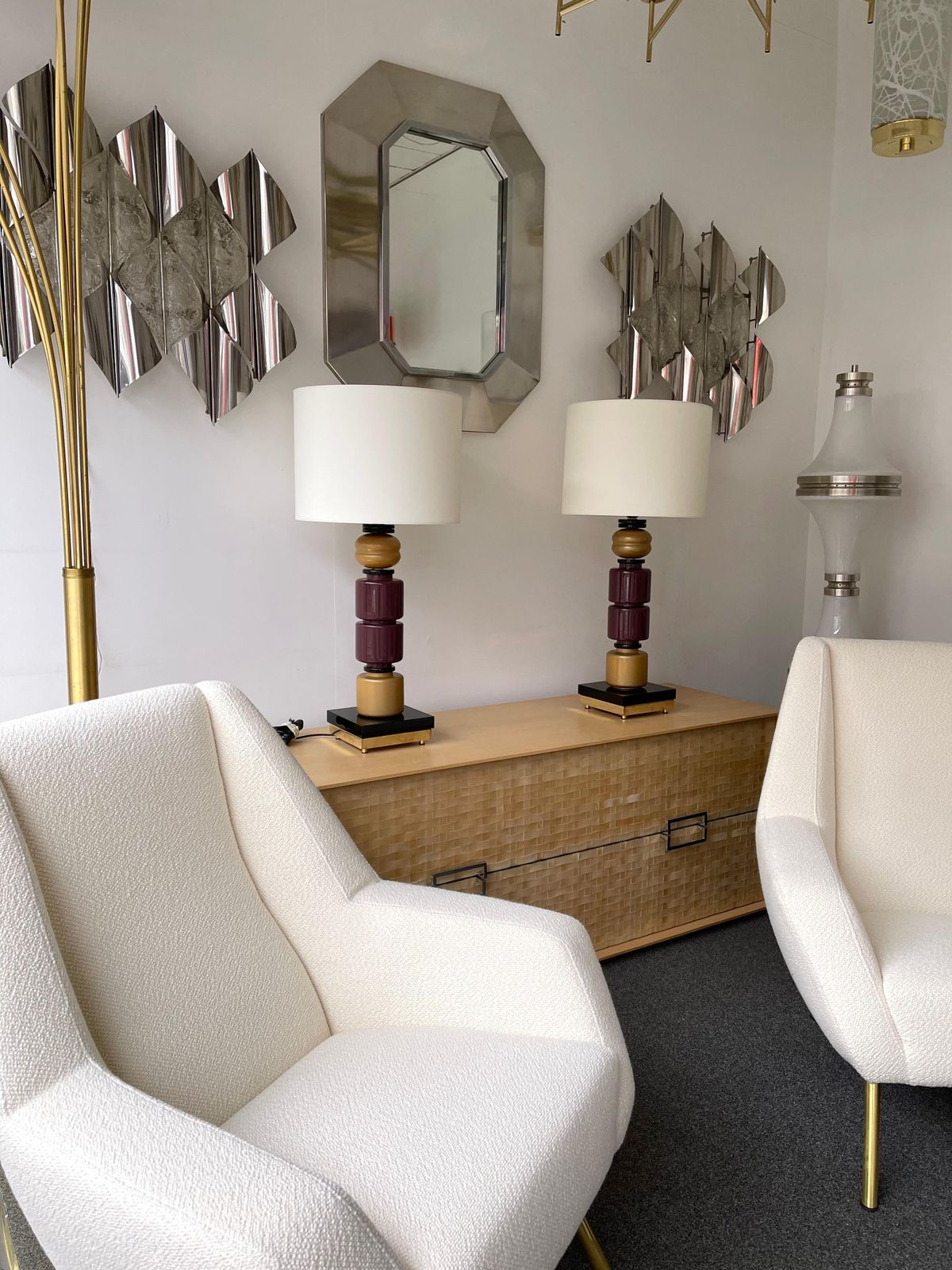 Contemporary Pair Of Brass Murano Glass Totem Lamps, Italy photo Lighting