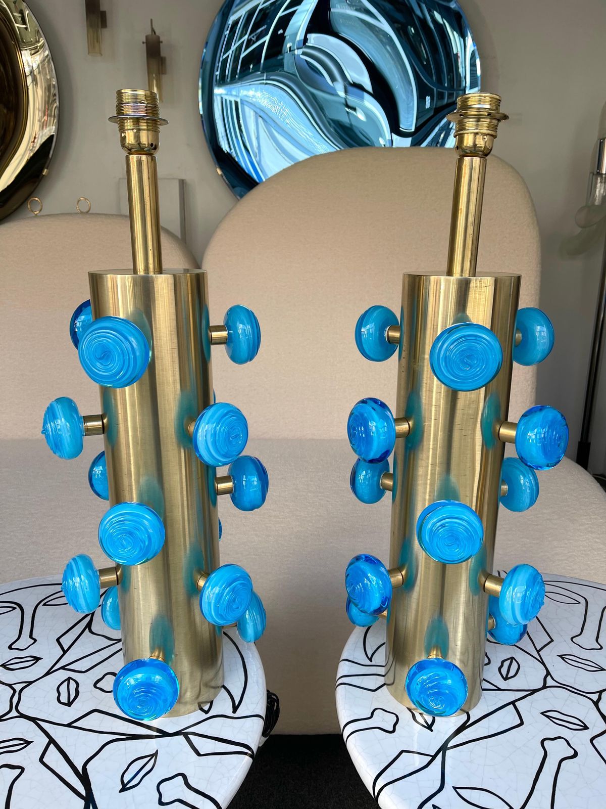 photo for sale Contemporary Pair Of Brass And Blue Murano Glass Spiral Lamps, Italy