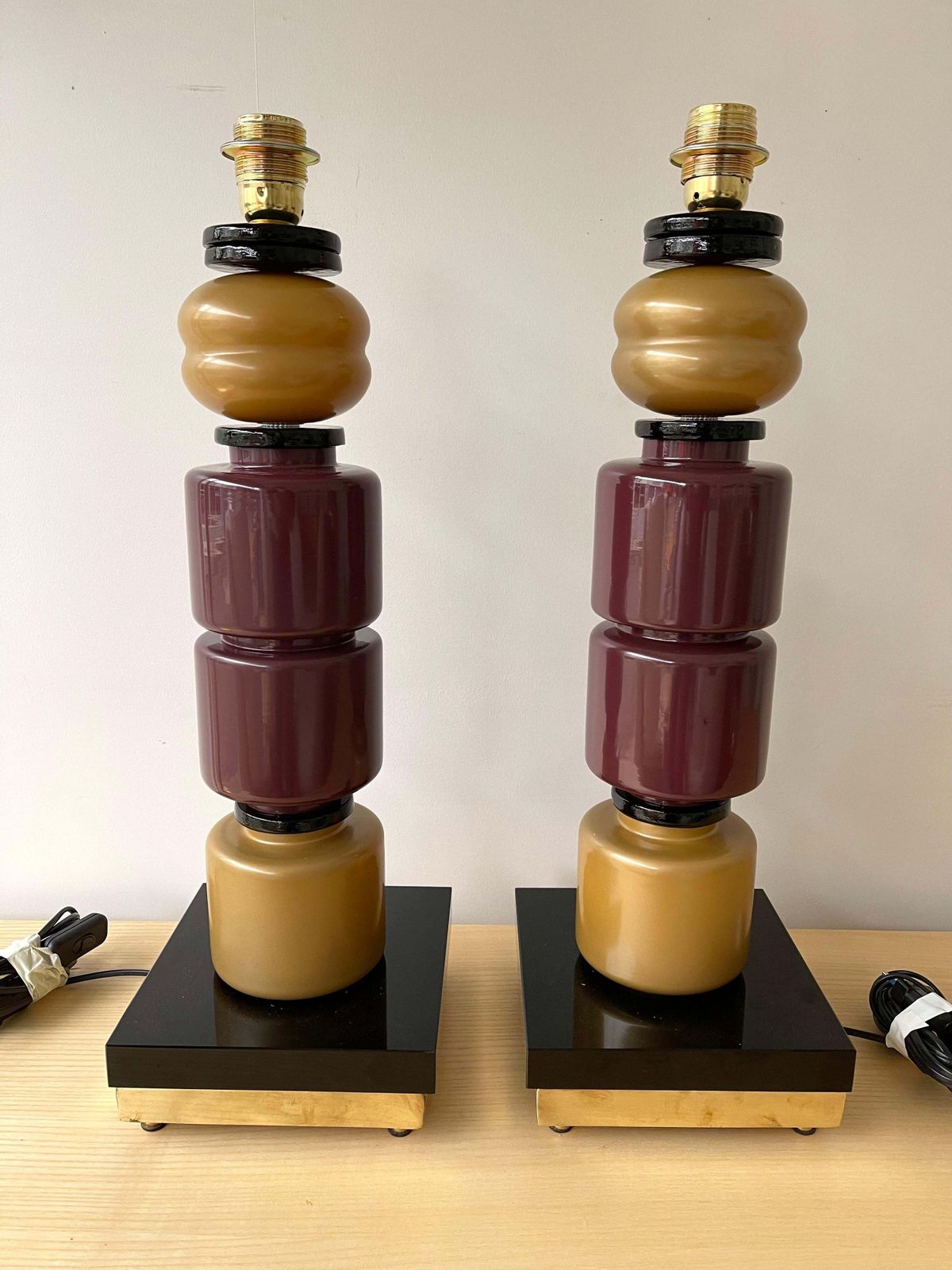Lighting Contemporary Pair Of Brass Murano Glass Totem Lamps, Italy photo