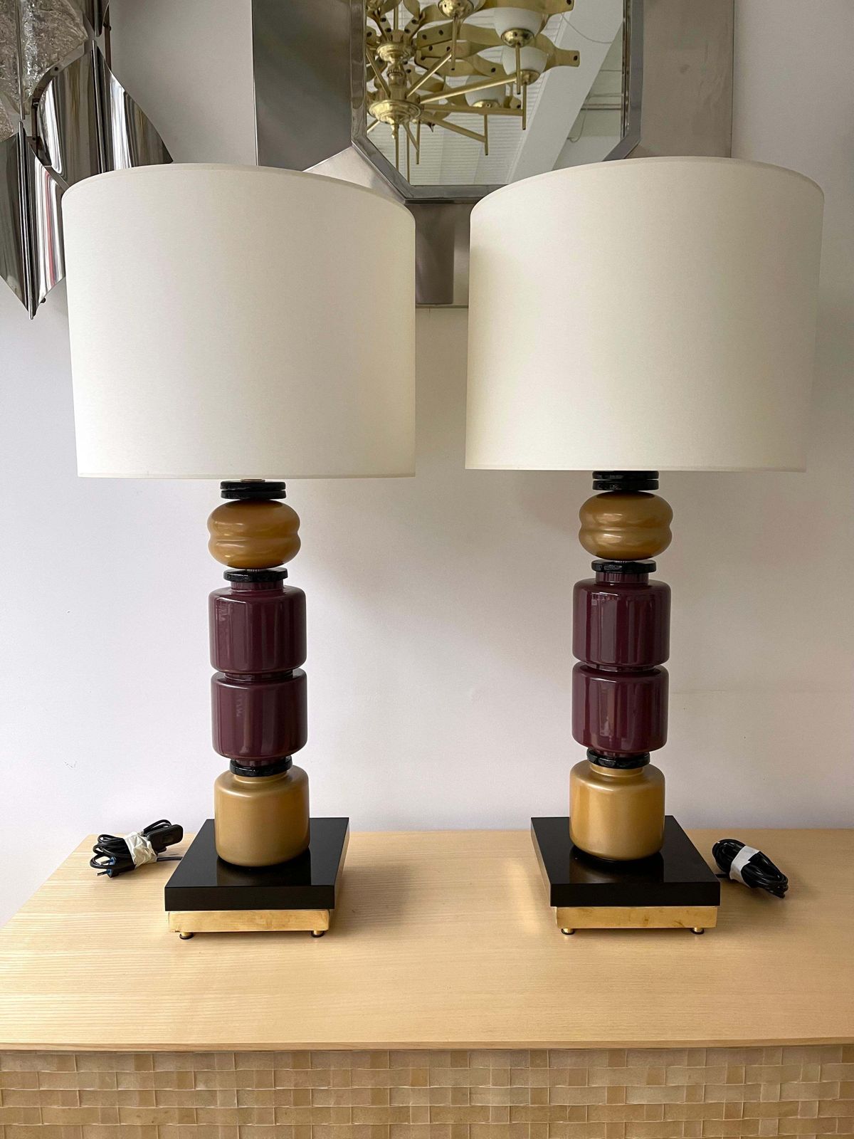 3592.0 Contemporary Pair Of Brass Murano Glass Totem Lamps, Italy photo