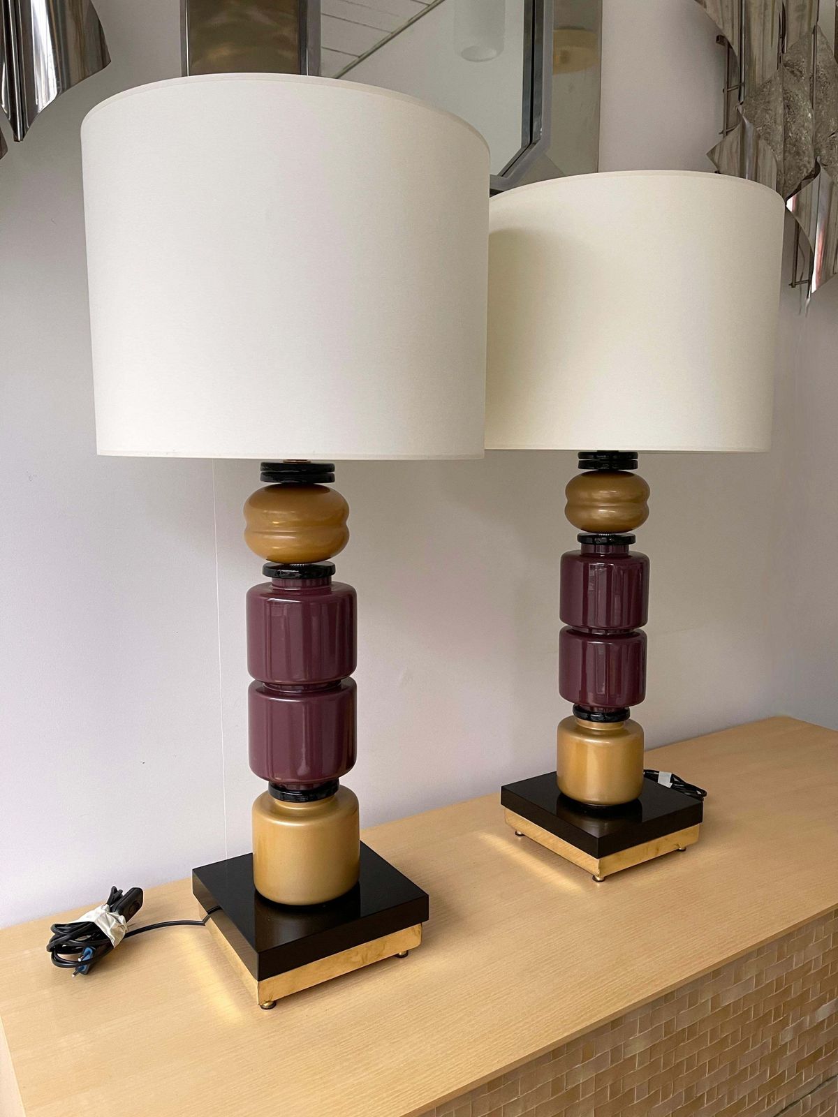 photo vinterior Contemporary Pair Of Brass Murano Glass Totem Lamps, Italy