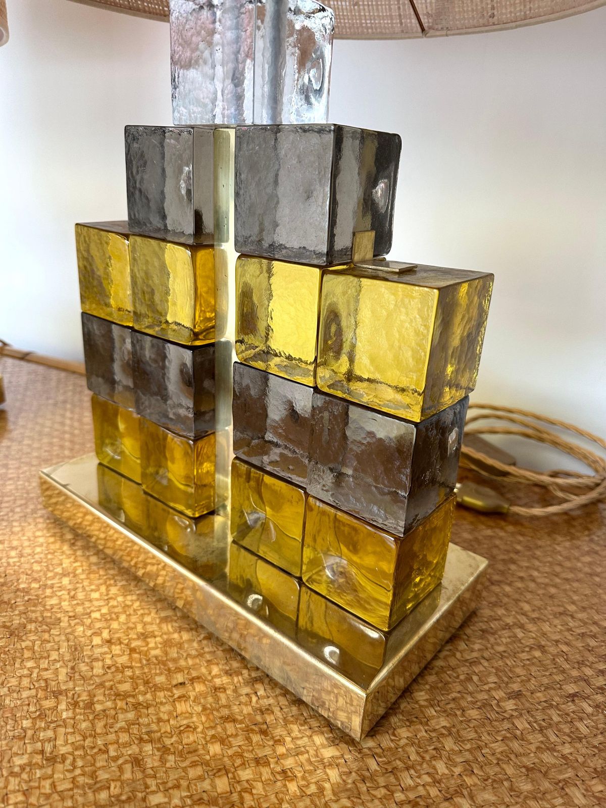 Contemporary Pair Of Brass Lamps Cube Murano Glass Construction, Italy photo vintage