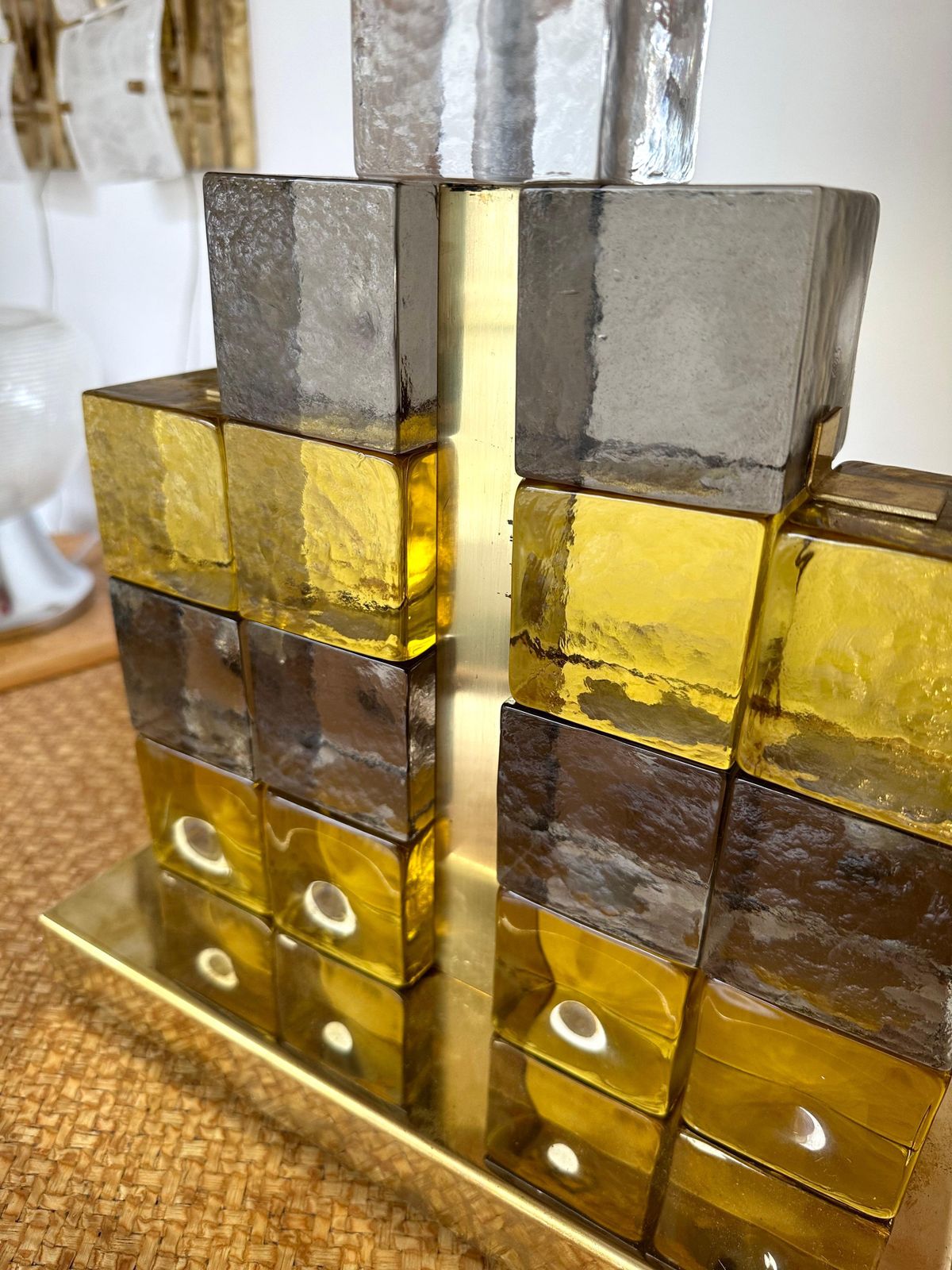 photo furniture Contemporary Pair Of Brass Lamps Cube Murano Glass Construction, Italy