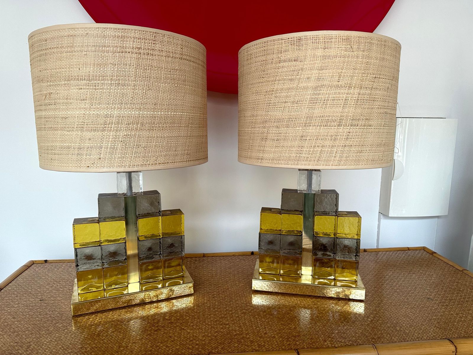 photo for sale Contemporary Pair Of Brass Lamps Cube Murano Glass Construction, Italy