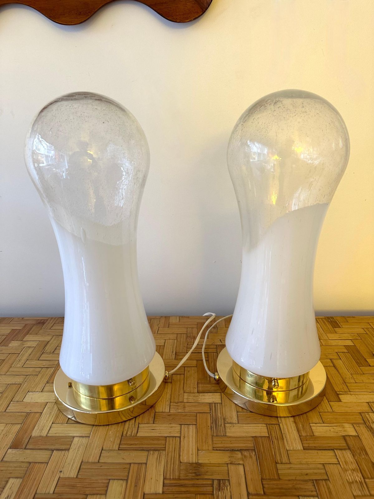 Lighting Pair Of Murano Glass And Brass Lamps By Mazzega, Italy, 1970s photo