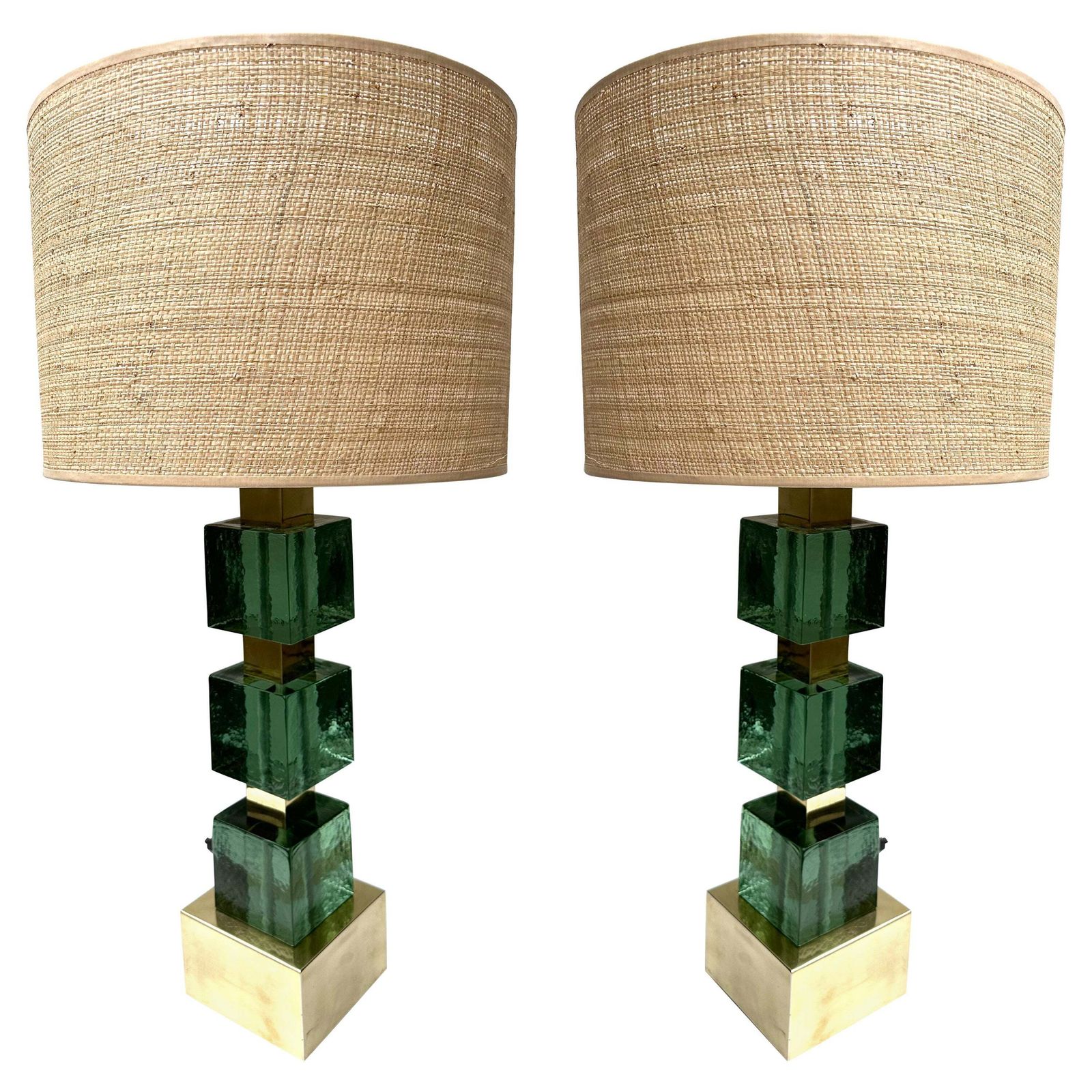 Contemporary Pair Of Brass And Green Murano Glass Cube Lamps, Italy