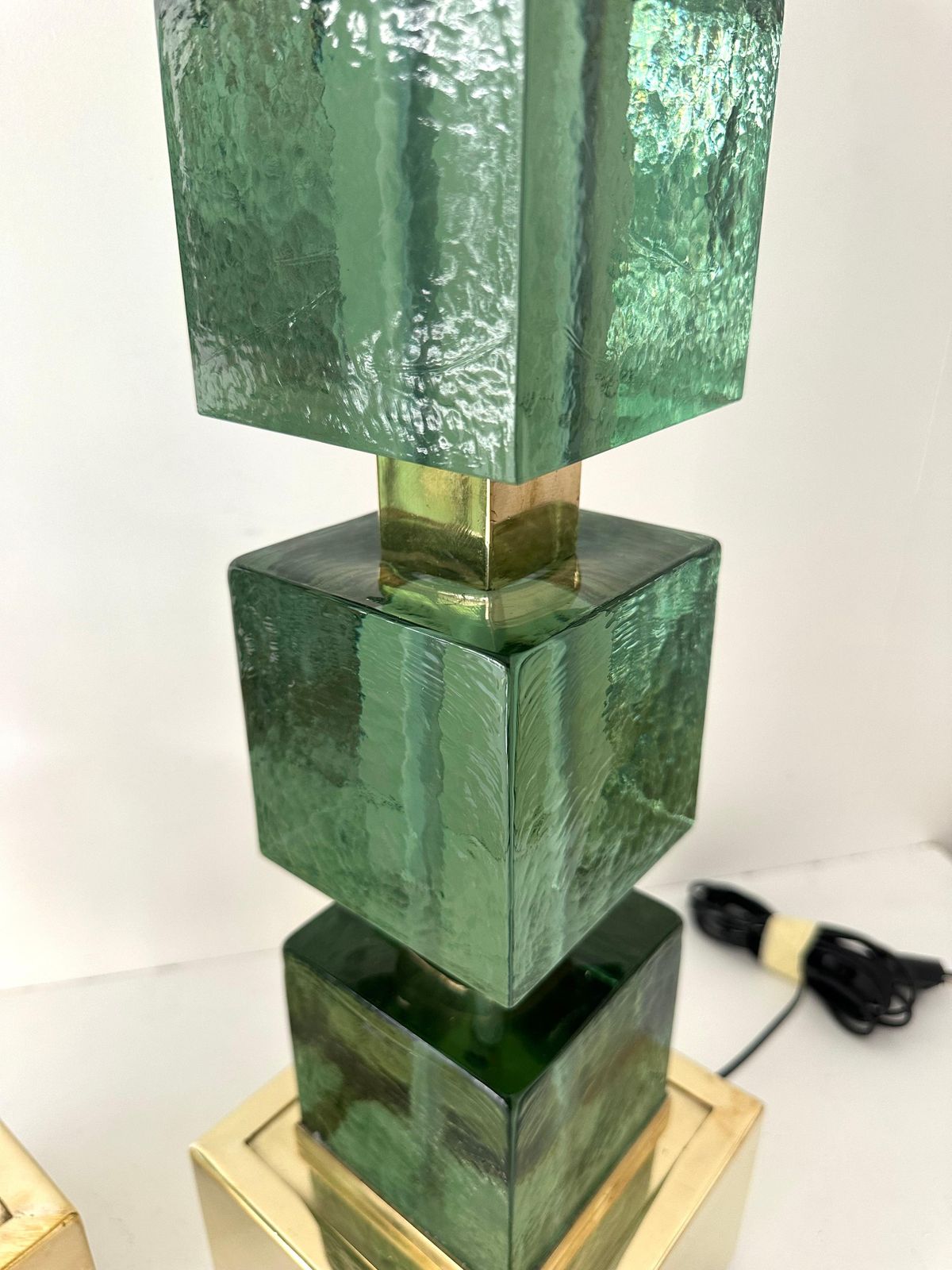 Contemporary Pair Of Brass And Green Murano Glass Cube Lamps, Italy photo furniture