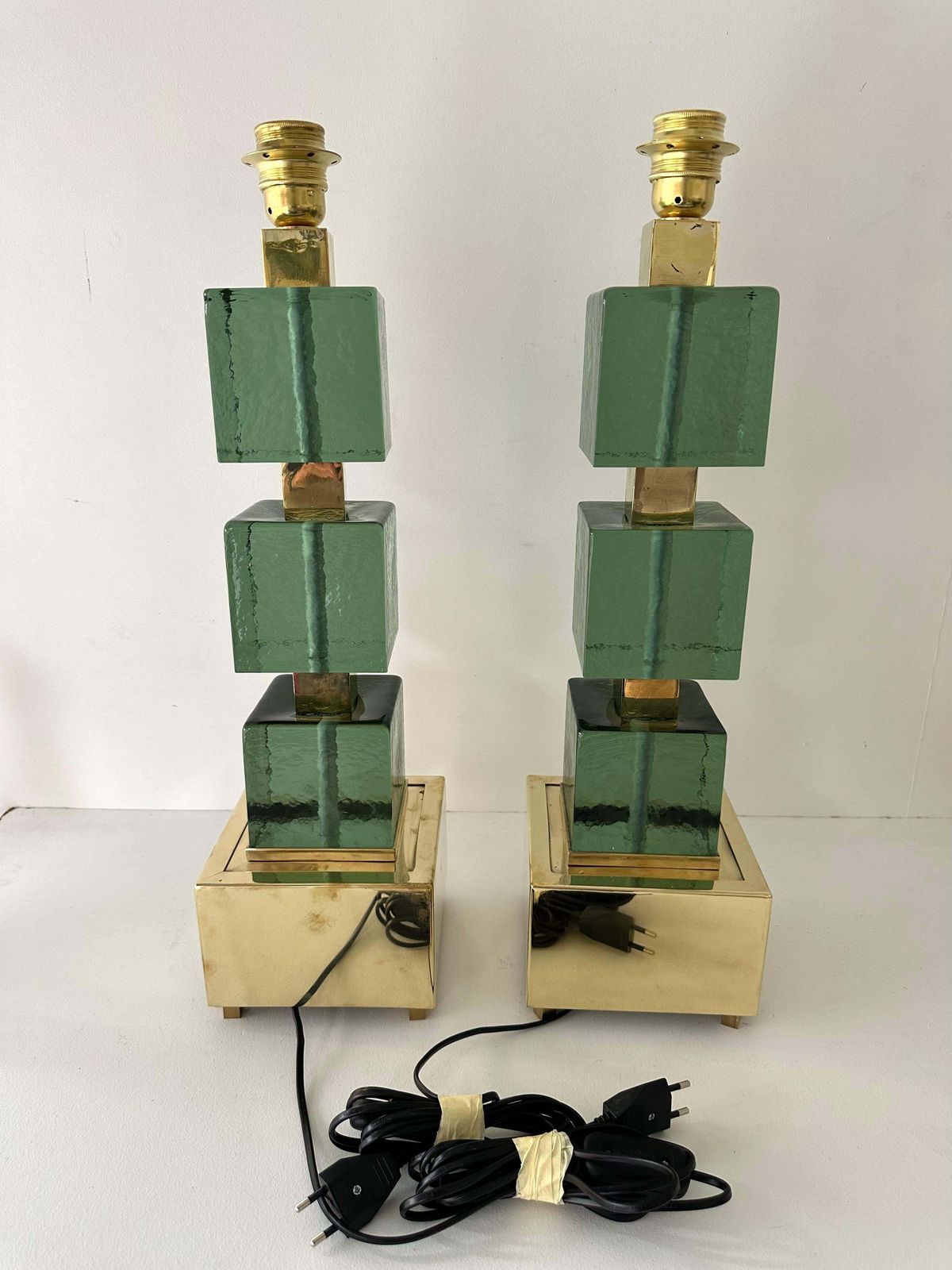 Contemporary Pair Of Brass And Green Murano Glass Cube Lamps, Italy photo 3764.0