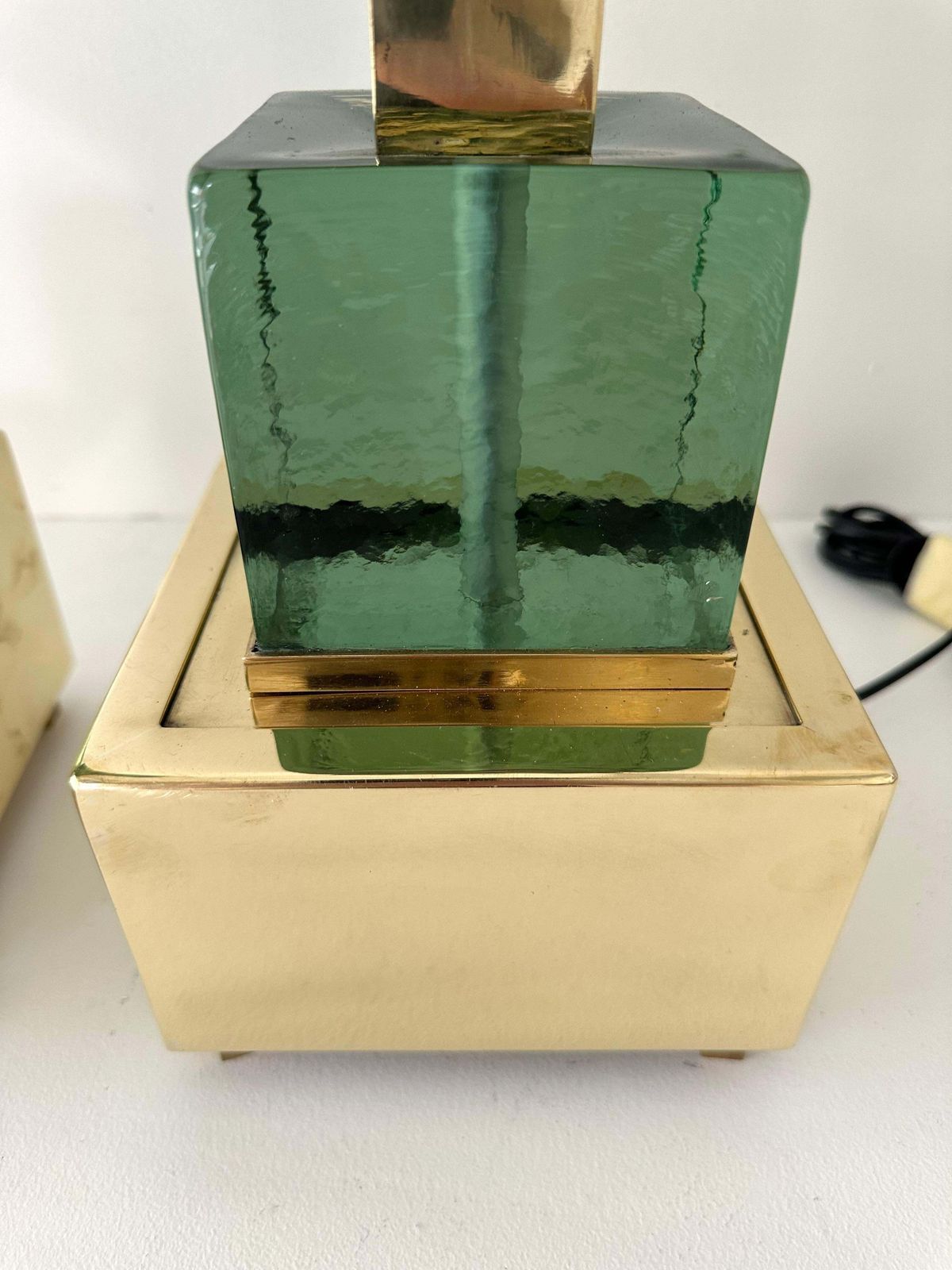 Contemporary Pair Of Brass And Green Murano Glass Cube Lamps, Italy photo vinterior