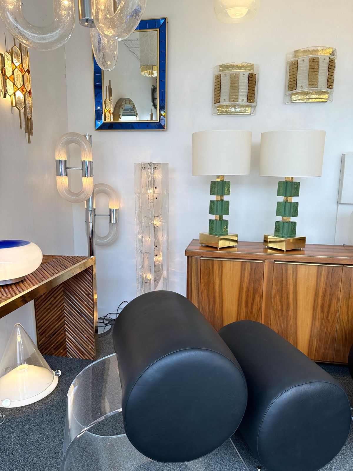 Contemporary Pair Of Brass And Green Murano Glass Cube Lamps, Italy photo buy