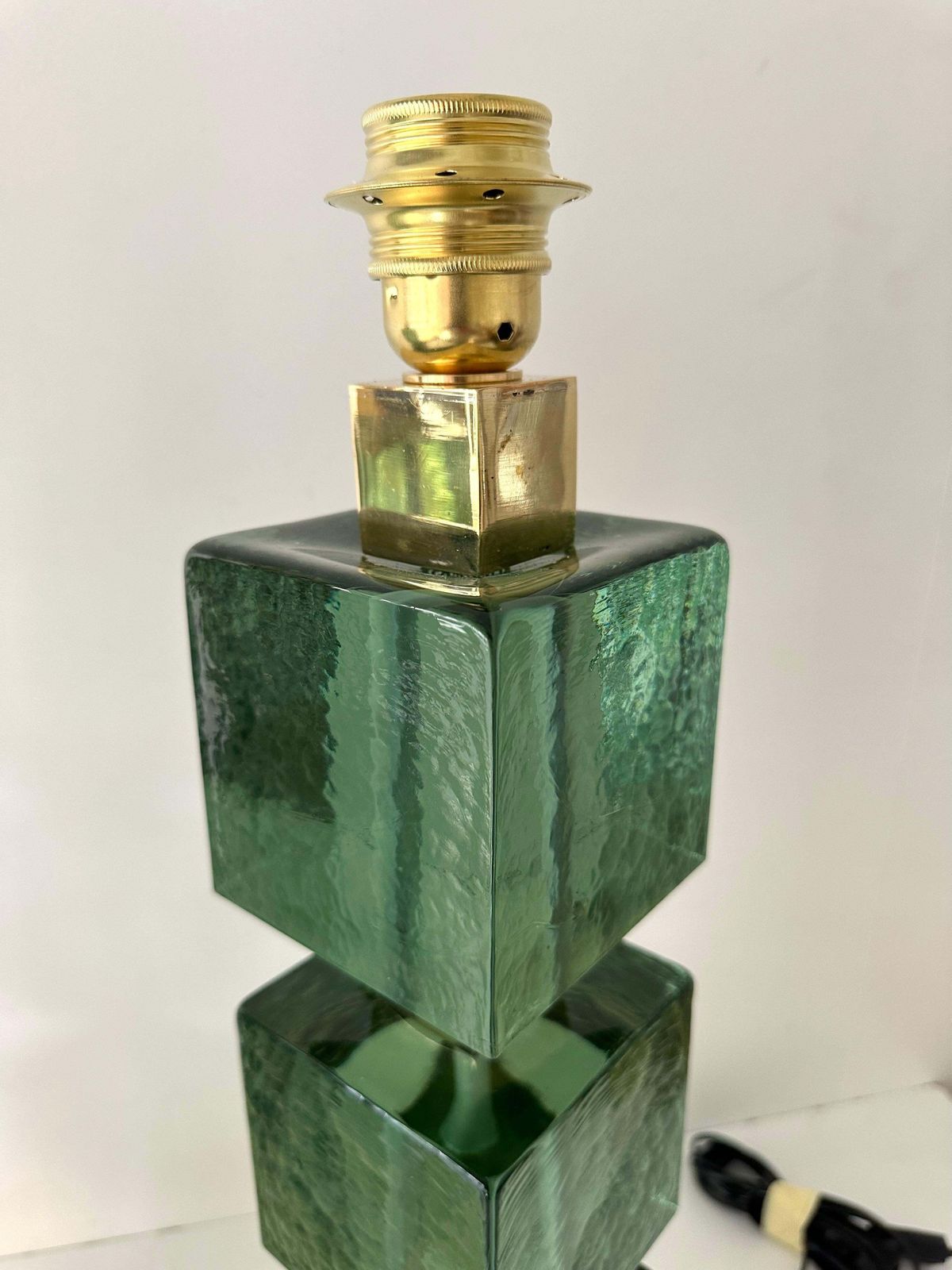 photo furniture Contemporary Pair Of Brass And Green Murano Glass Cube Lamps, Italy