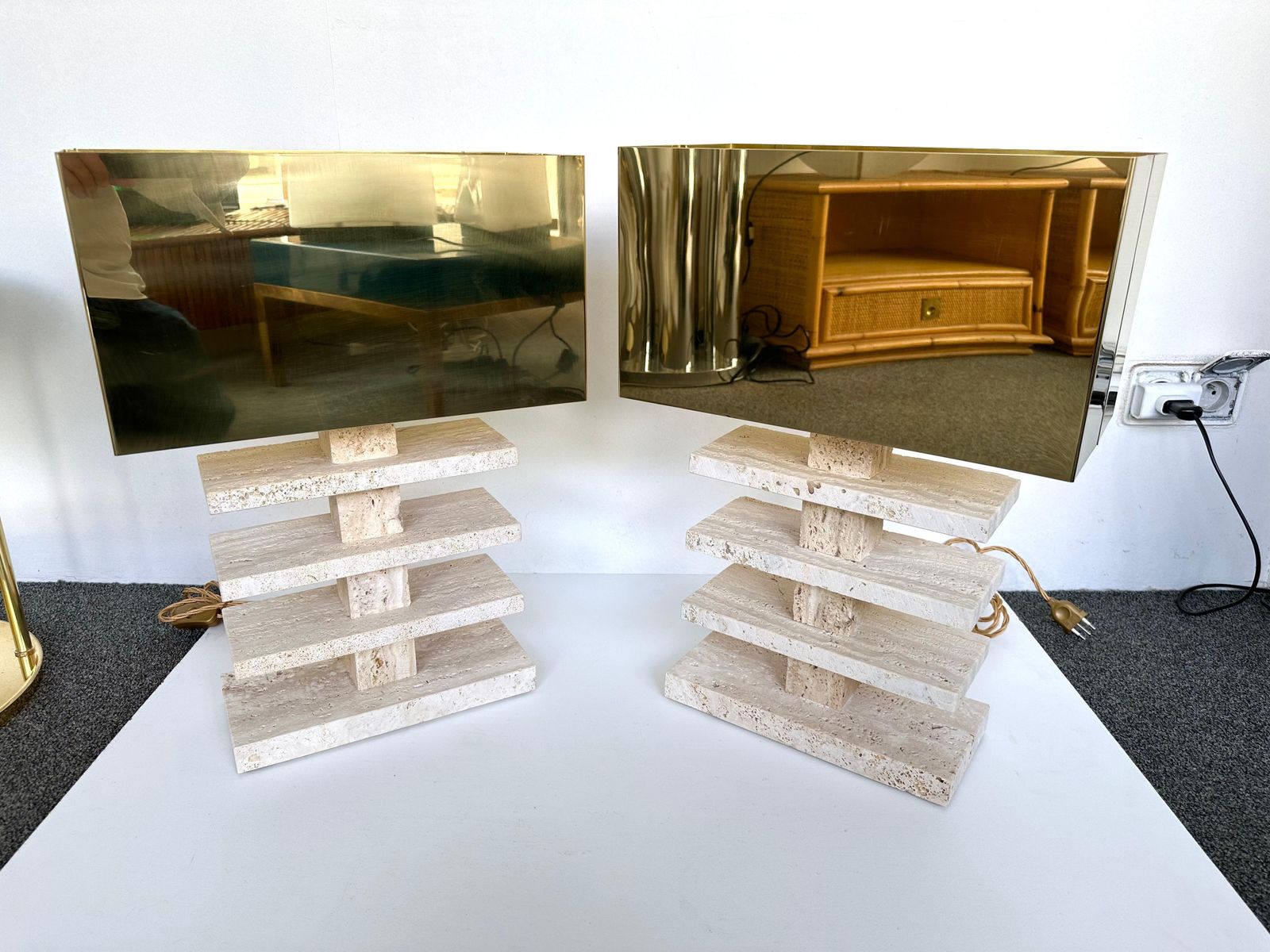 Contemporary Pair Of Travertine Blade Lamps And Brass Shades. Italy photo buy