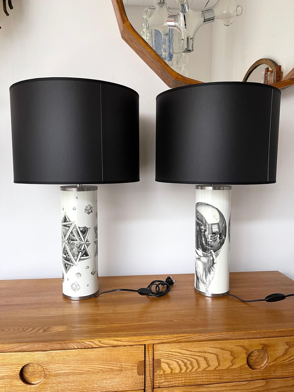 Lighting Pair Of Lamps Black And White Mc Maurits Cornelis Escher. Italy, 1980s photo