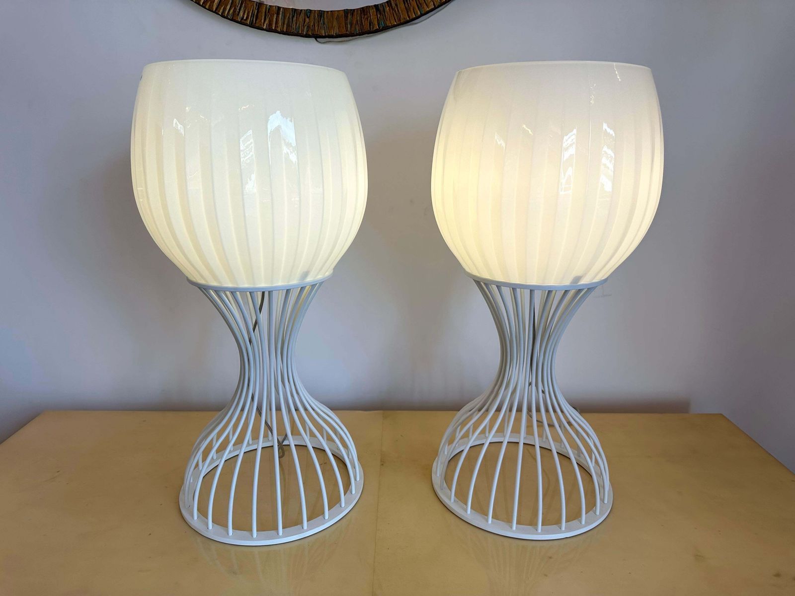 photo furniture Pair Of Lamps Cup Murano Glass And White Metal By Vistosi, Italy, 1990s